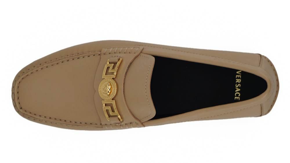 Versace Exquisite Medusa Gold-Tone Leather Loafers - Hilstor
