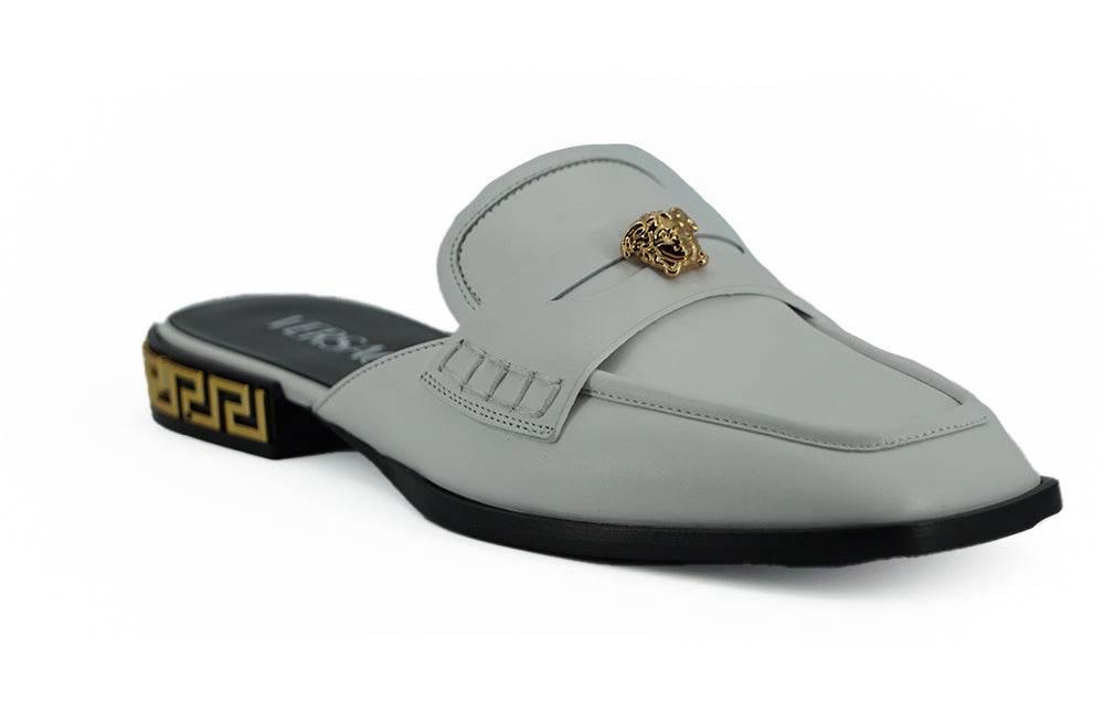 Versace Elegant White Leather Flat Slides - Hilstor