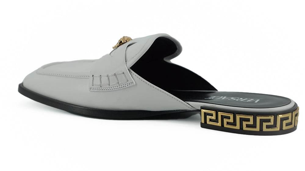 Versace Elegant White Leather Flat Slides - Hilstor