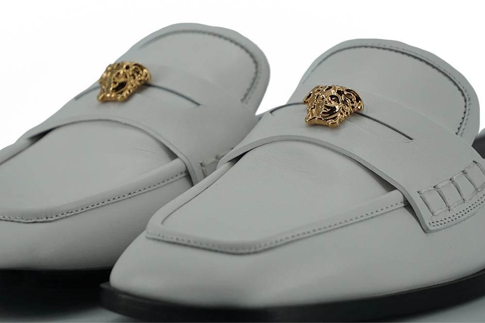 Versace Elegant White Leather Flat Slides - Hilstor