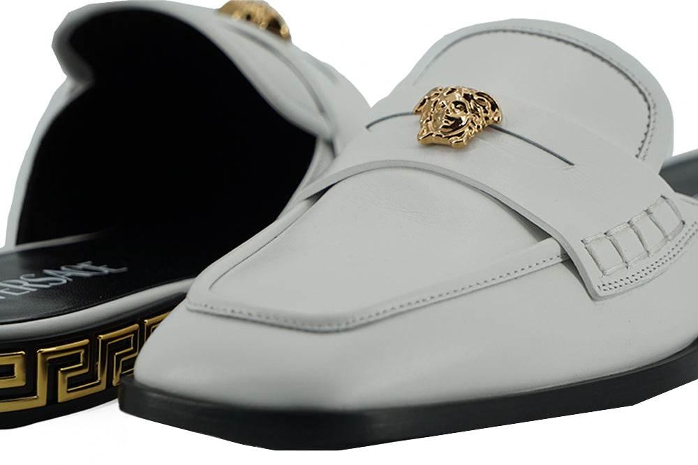 Versace Elegant White Leather Flat Slides - Hilstor