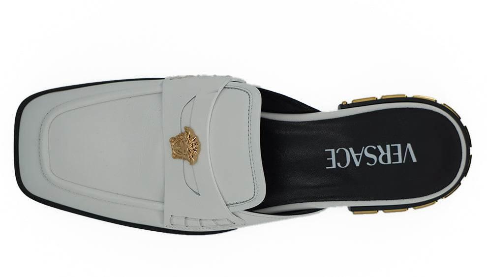 Versace Elegant White Leather Flat Slides - Hilstor