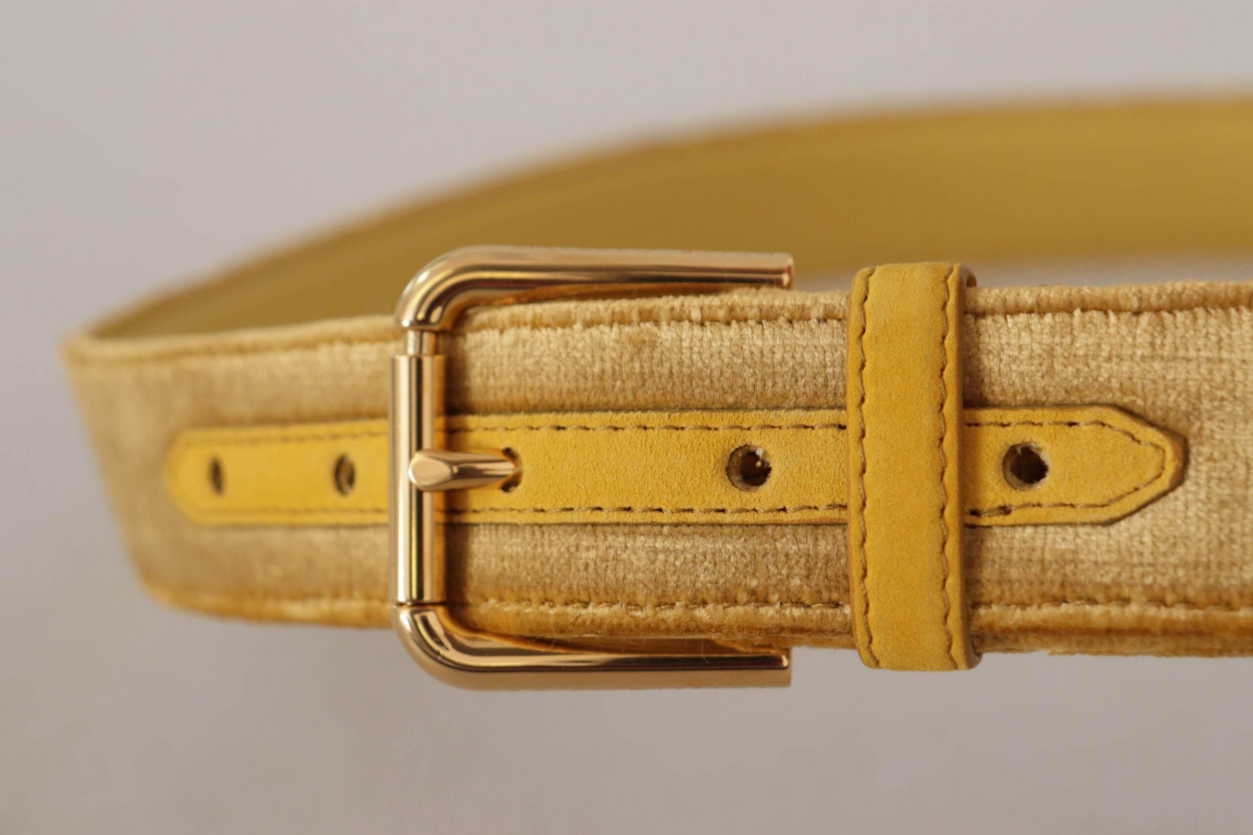 Dolce & Gabbana Yellow Velvet Gold Metal Logo Engraved Buckle Belt - Hilstor