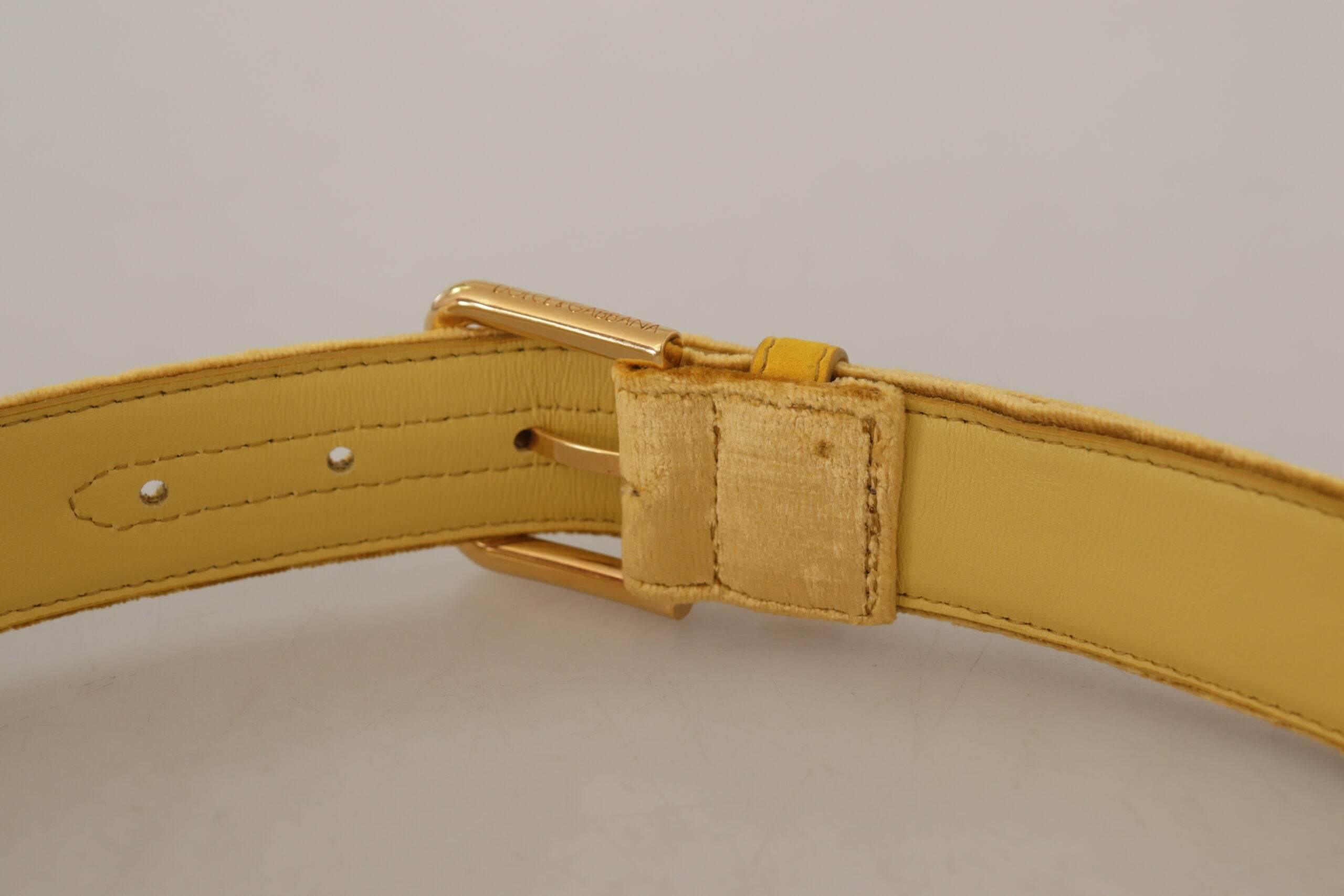 Dolce & Gabbana Yellow Velvet Gold Metal Logo Engraved Buckle Belt - Hilstor