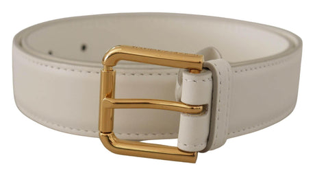 Dolce & Gabbana Chic White Leather Belt with Gold Engraved Buckle - Hilstor