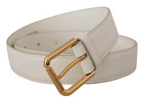 Dolce & Gabbana Chic White Leather Belt with Gold Engraved Buckle - Hilstor