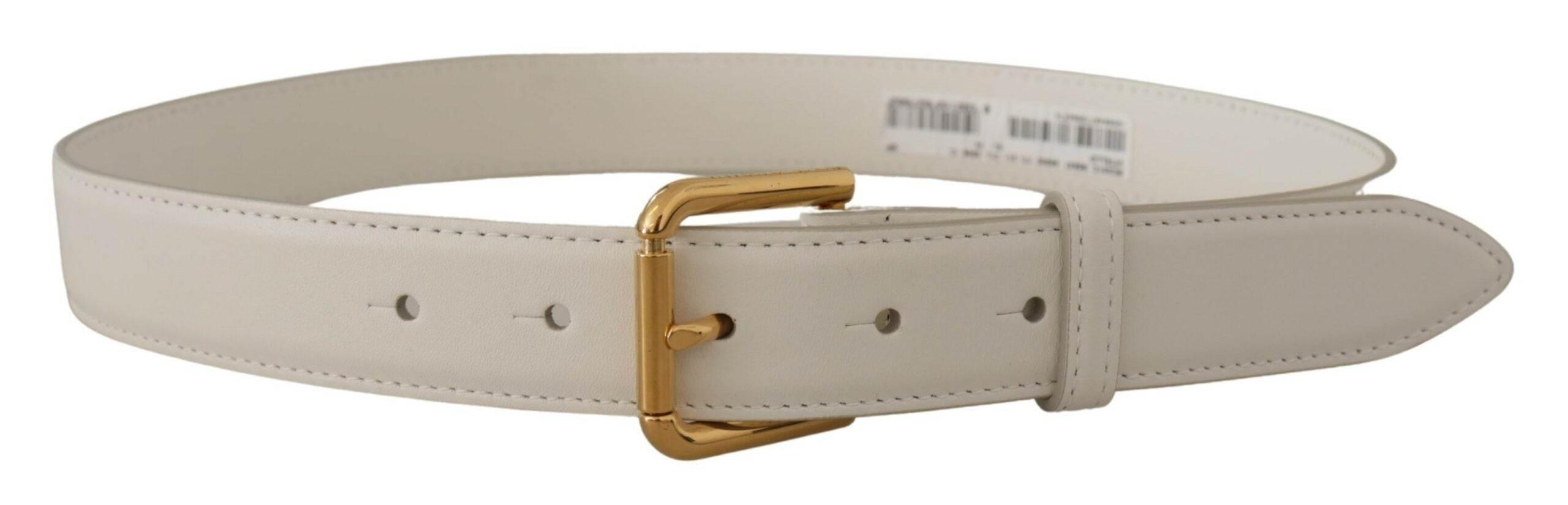 Dolce & Gabbana Chic White Leather Belt with Gold Engraved Buckle - Hilstor