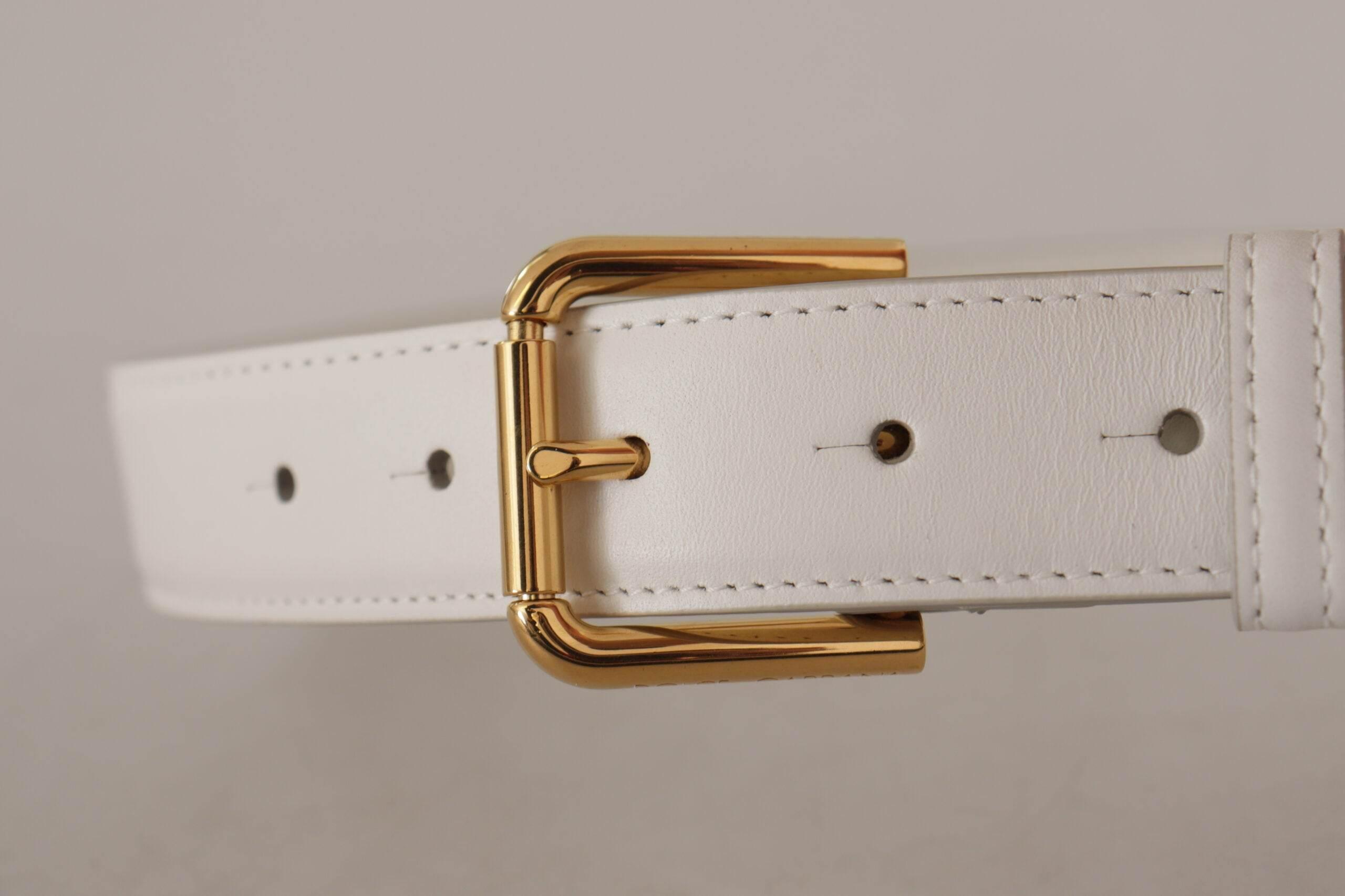 Dolce & Gabbana Chic White Leather Belt with Gold Engraved Buckle - Hilstor