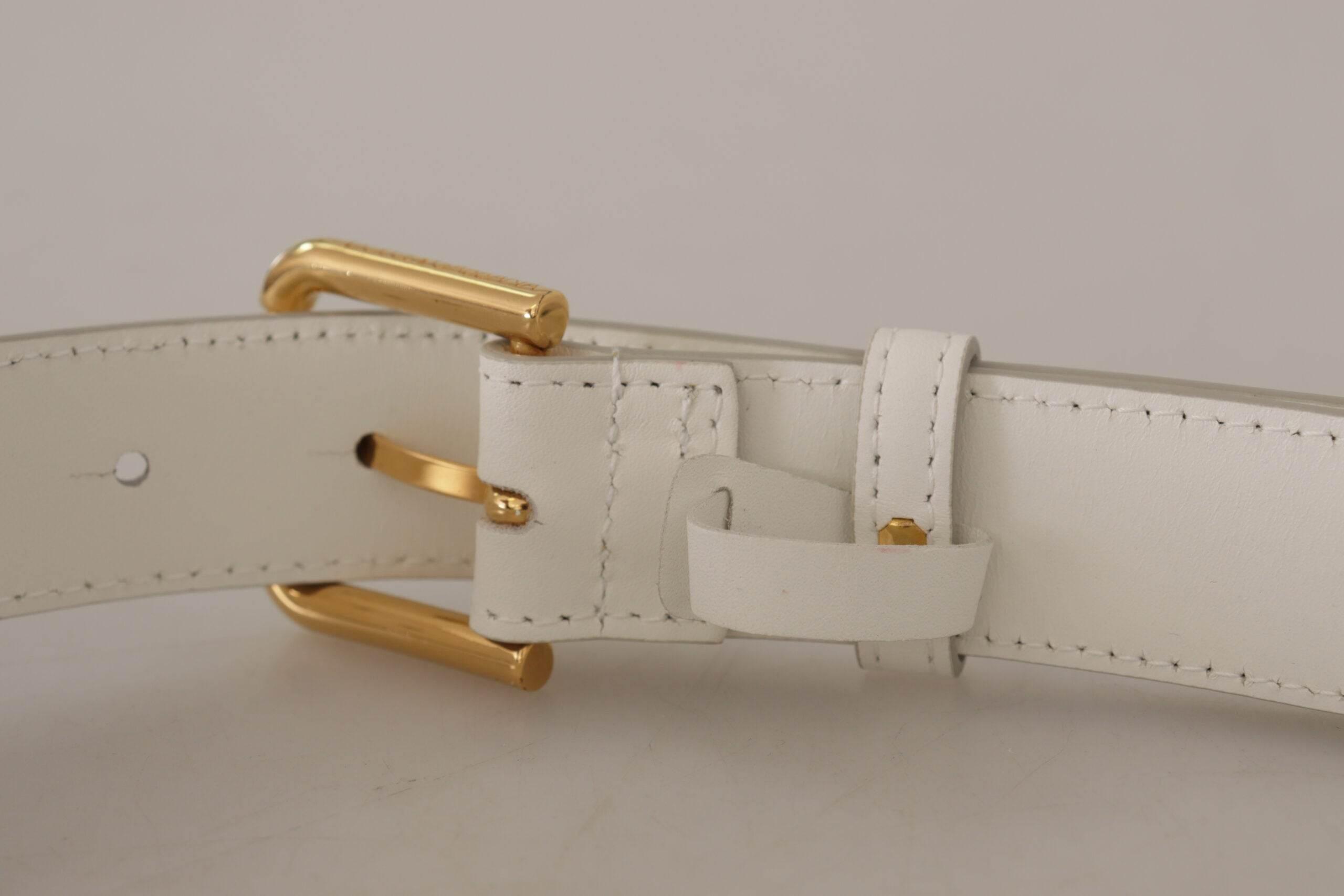 Dolce & Gabbana Chic White Leather Belt with Gold Engraved Buckle - Hilstor