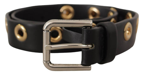 Dolce & Gabbana Chic Black Leather Belt with Engraved Buckle - Hilstor
