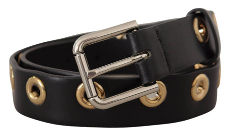 Dolce & Gabbana Chic Black Leather Belt with Engraved Buckle - Hilstor