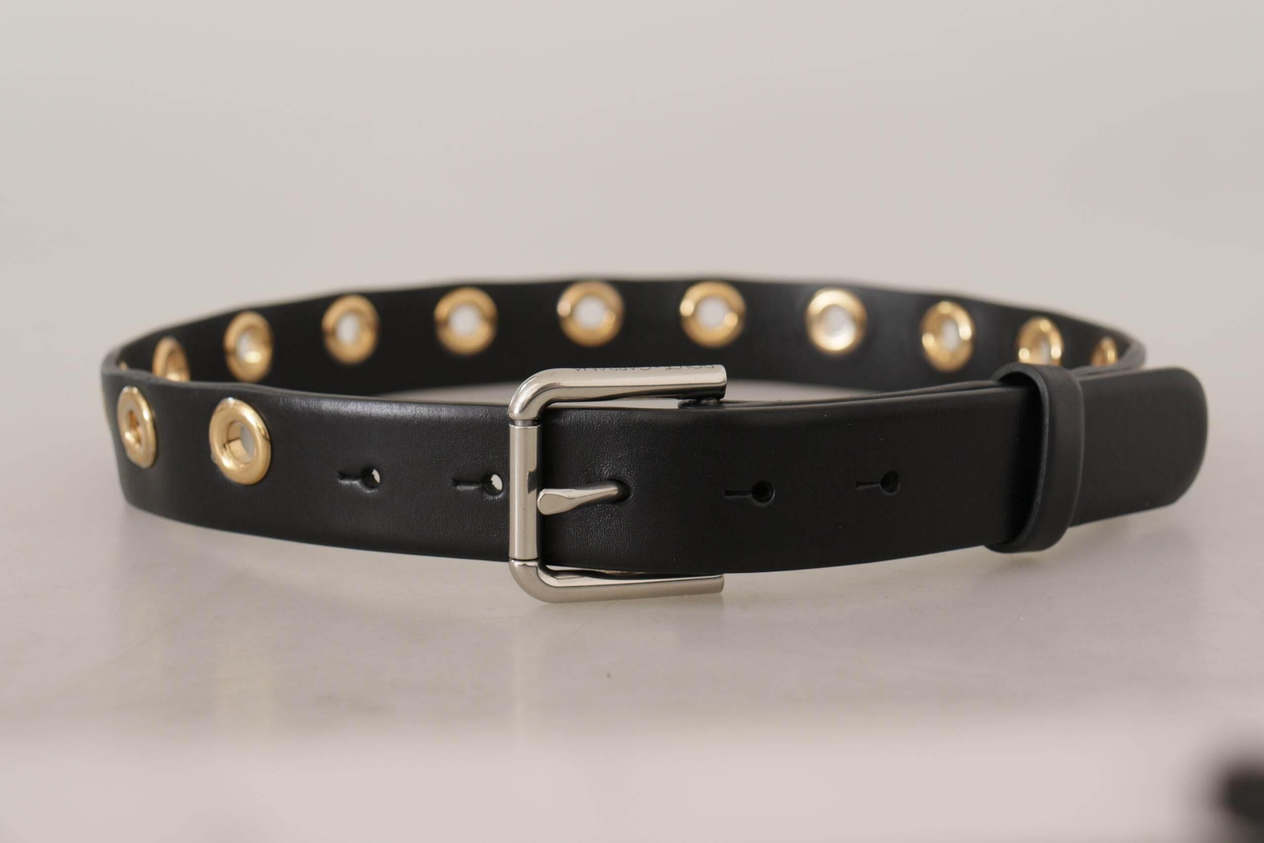 Dolce & Gabbana Chic Black Leather Belt with Engraved Buckle - Hilstor