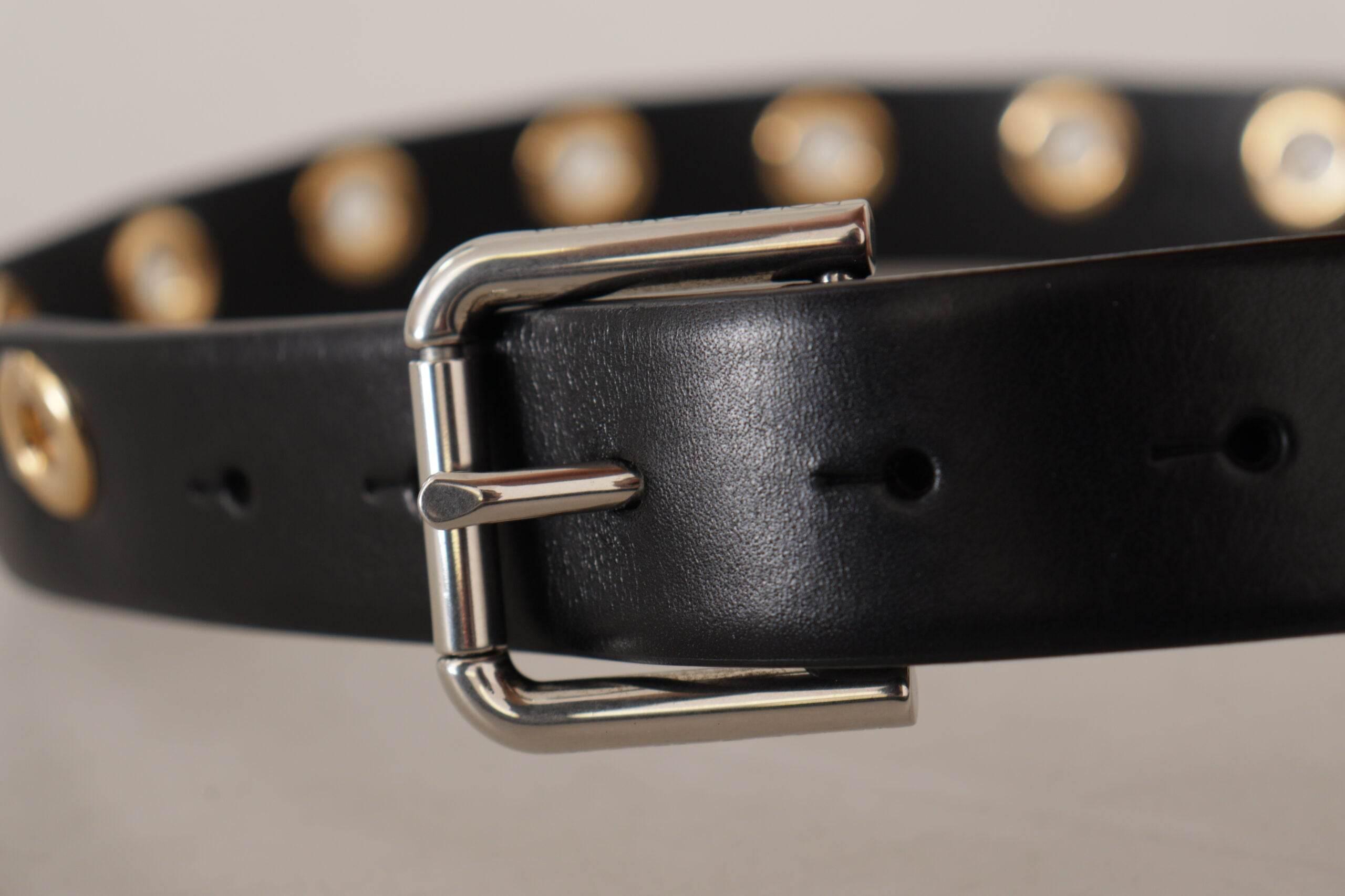 Dolce & Gabbana Chic Black Leather Belt with Engraved Buckle - Hilstor