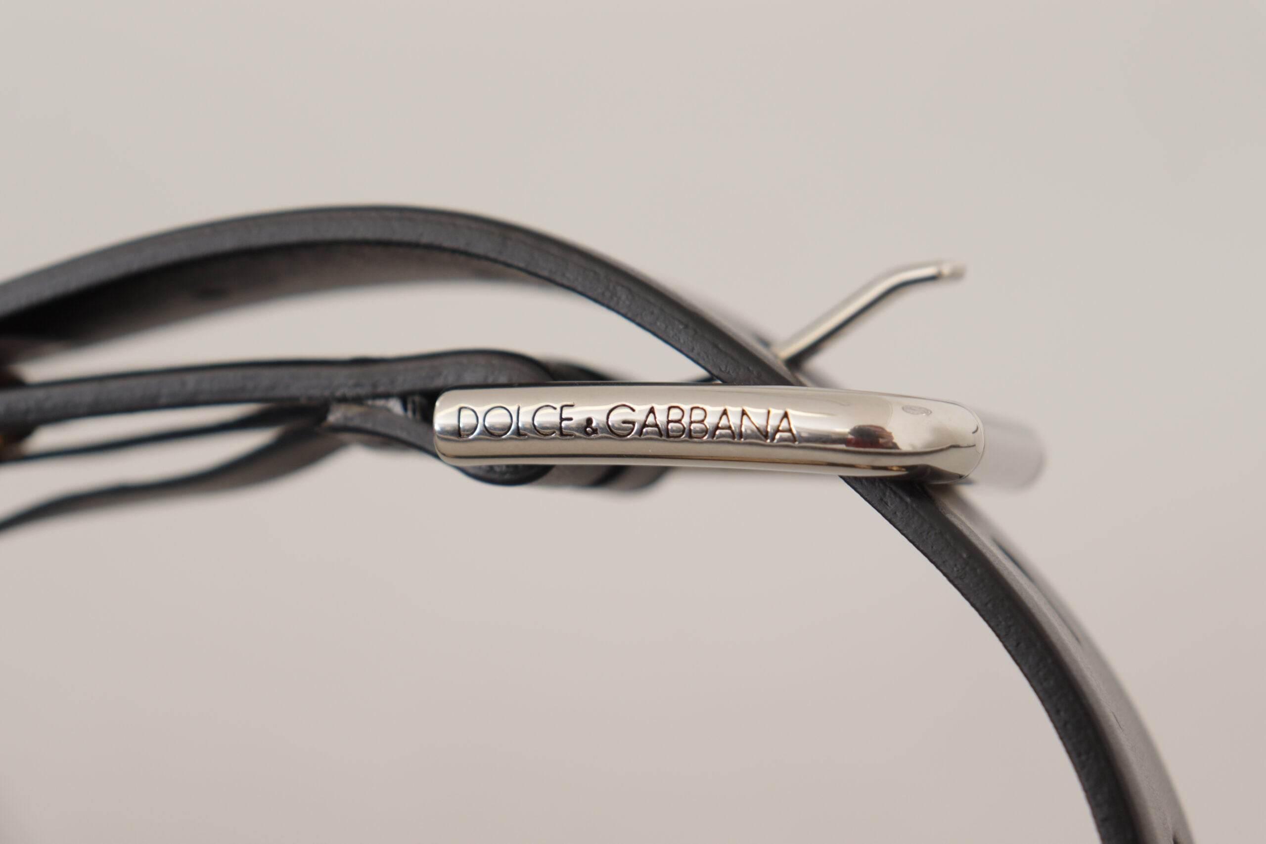 Dolce & Gabbana Chic Black Leather Belt with Engraved Buckle - Hilstor
