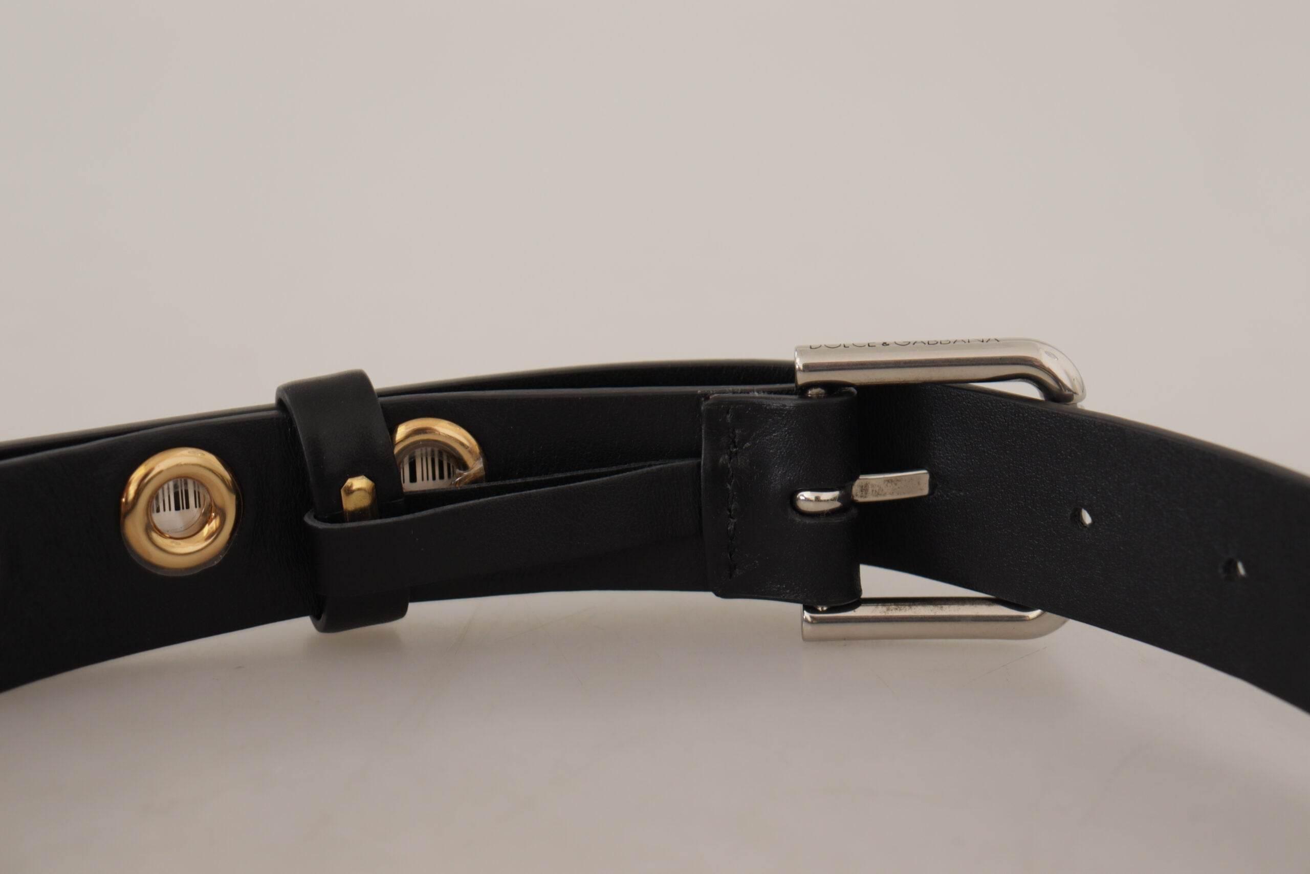 Dolce & Gabbana Chic Black Leather Belt with Engraved Buckle - Hilstor