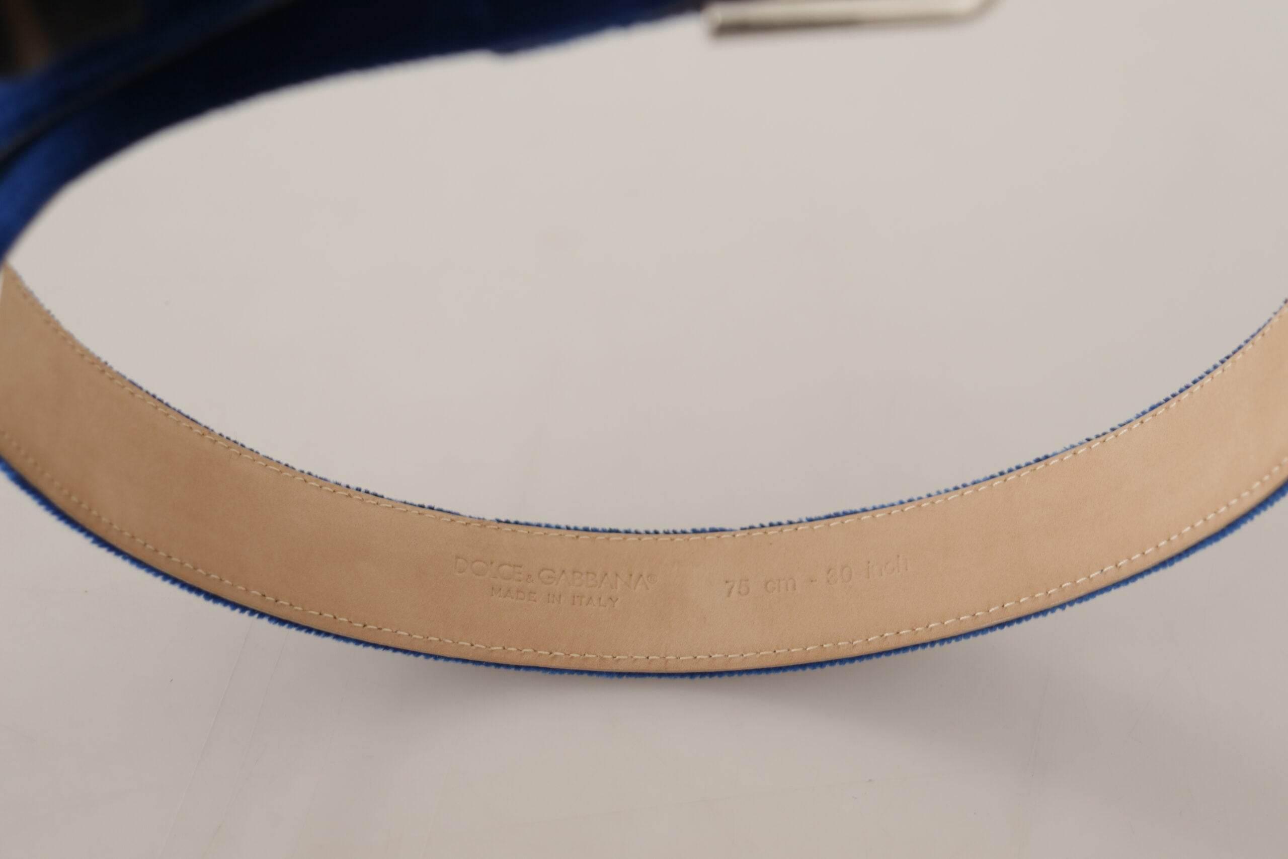 Dolce & Gabbana Blue Velvet Silver Logo Engraved Metal Buckle Belt - Hilstor