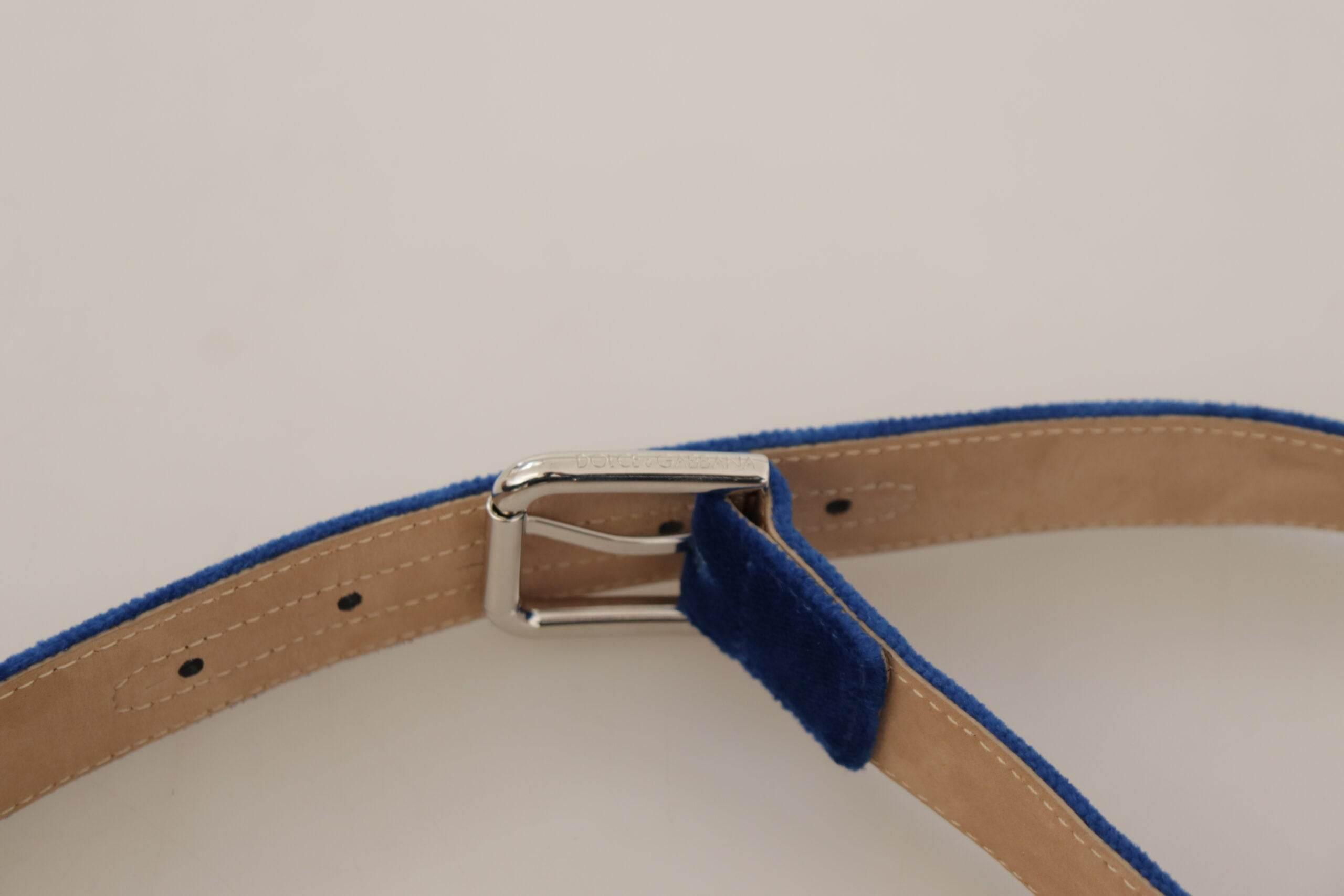 Dolce & Gabbana Blue Velvet Silver Logo Engraved Metal Buckle Belt - Hilstor