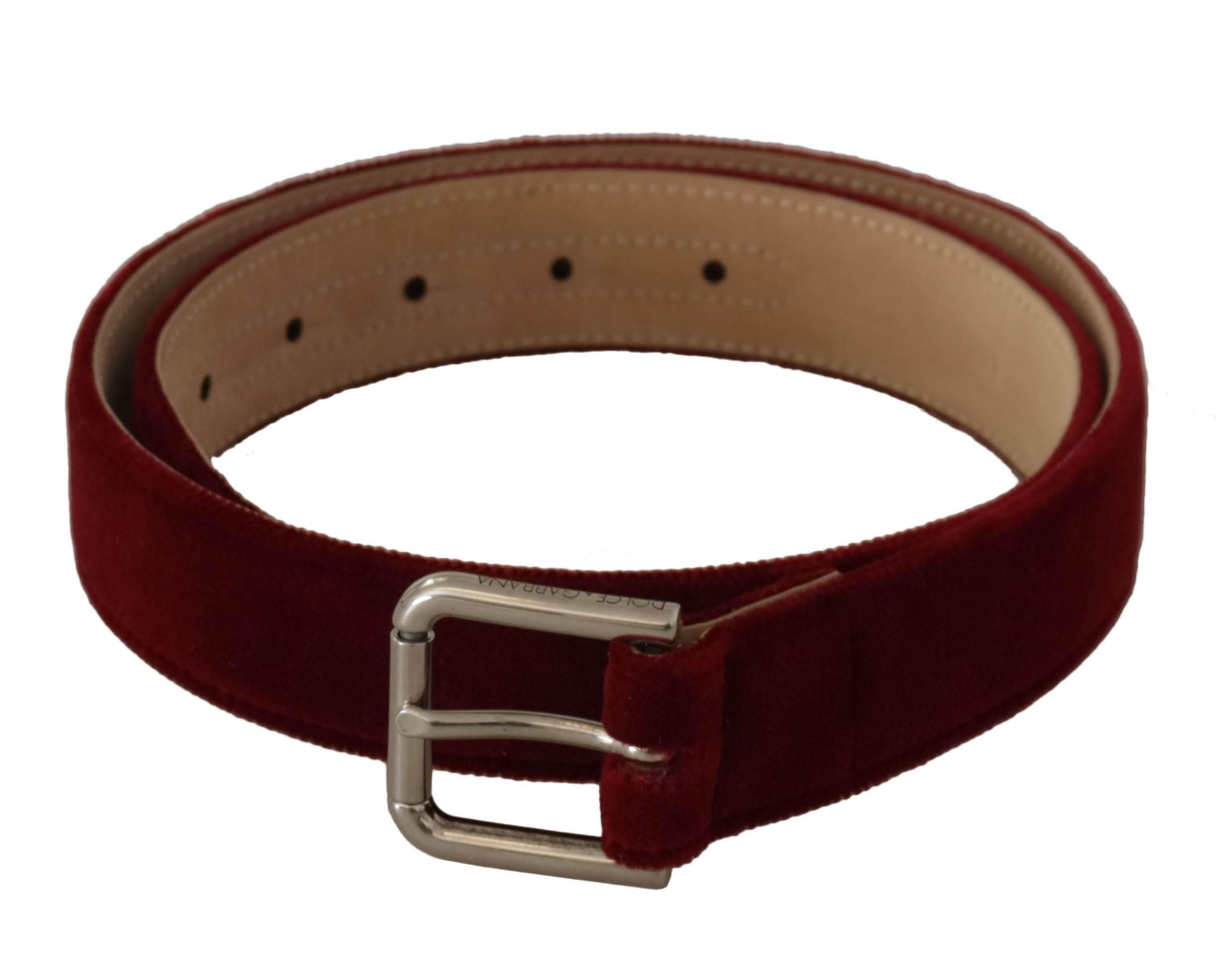 Dolce & Gabbana Red Velvet Silver Logo Engraved Metal Buckle Belt - Hilstor