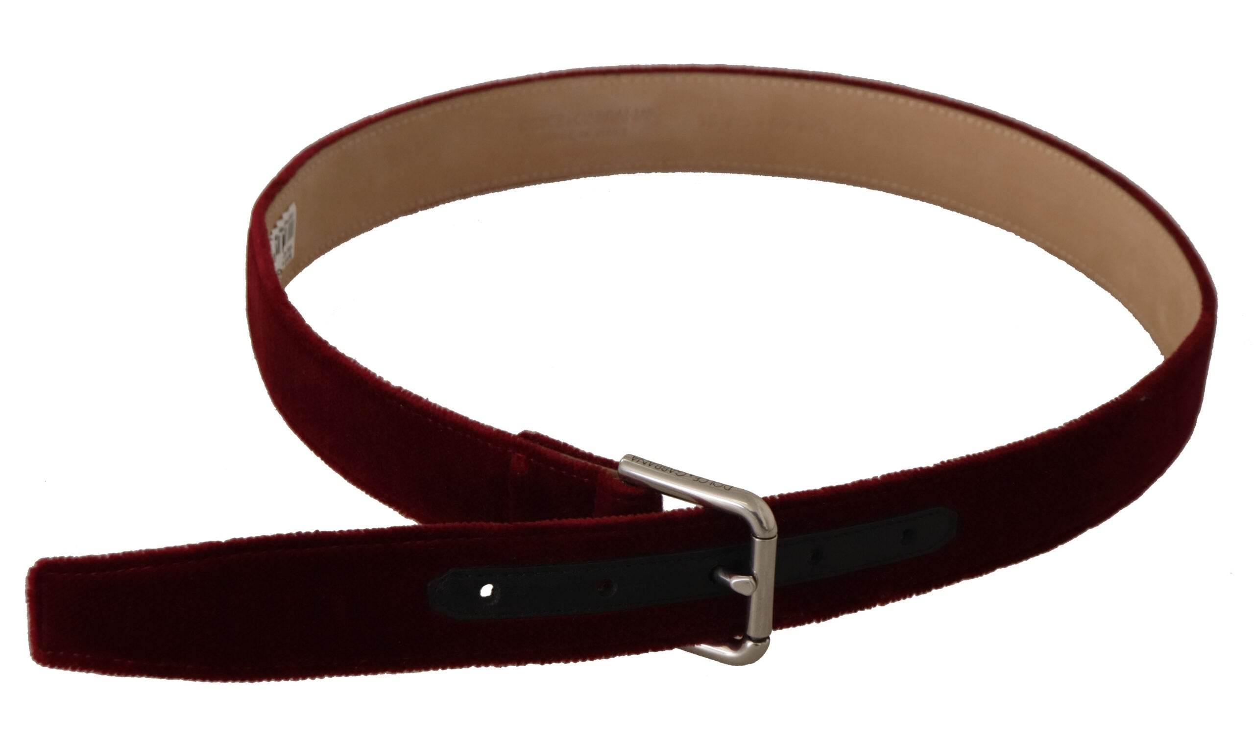 Dolce & Gabbana Red Velvet Silver Logo Engraved Metal Buckle Belt - Hilstor