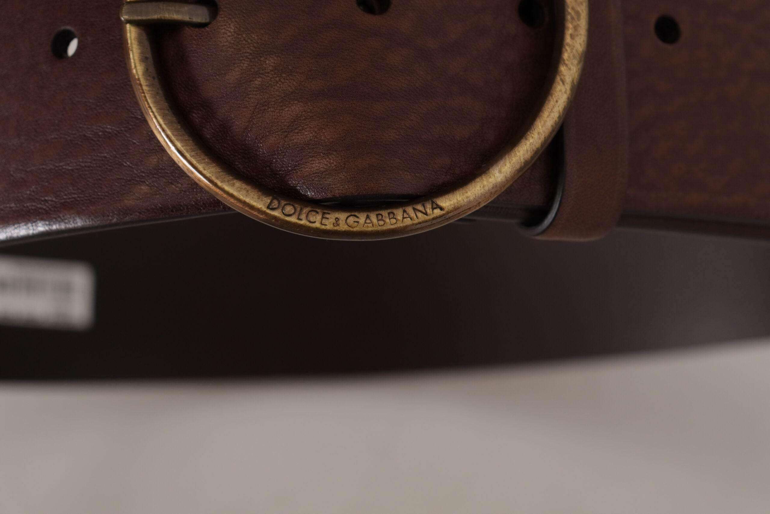 Dolce & Gabbana Elegant Brown Leather Belt with Engraved Buckle - Hilstor