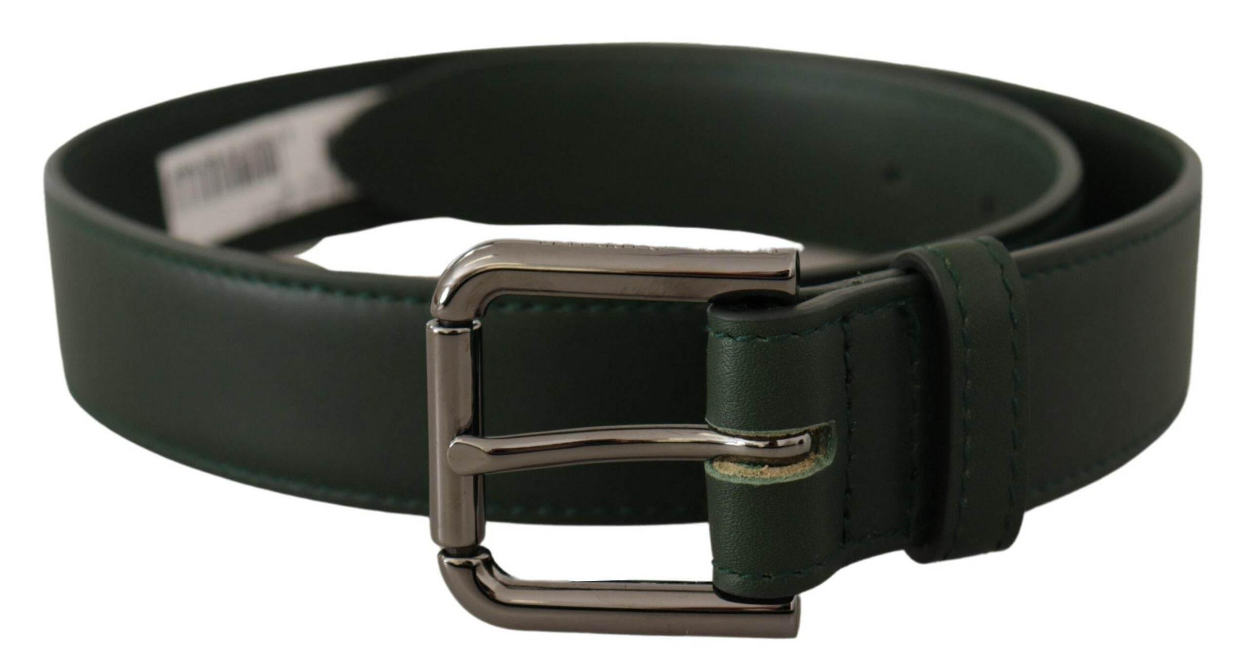 Dolce & Gabbana Elegant Dark Green Leather Belt with Logo Buckle - Hilstor