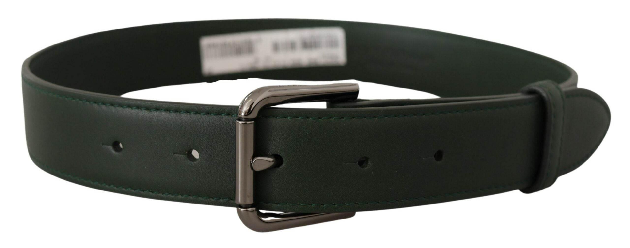 Dolce & Gabbana Elegant Dark Green Leather Belt with Logo Buckle - Hilstor