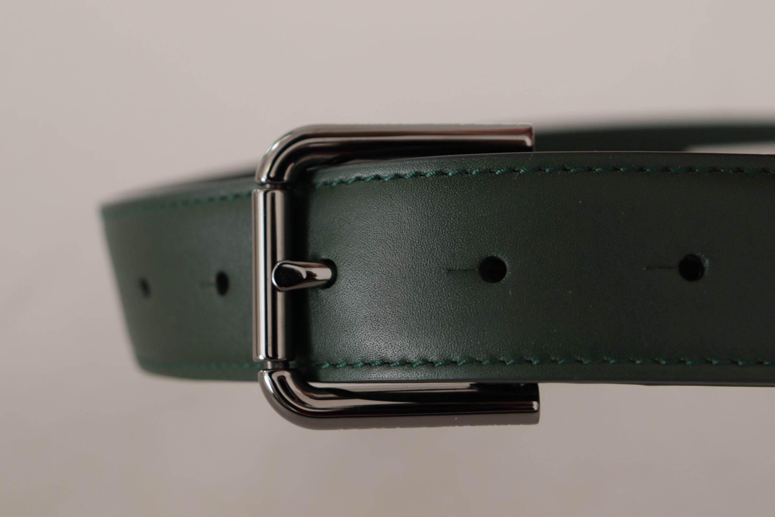 Dolce & Gabbana Elegant Dark Green Leather Belt with Logo Buckle - Hilstor