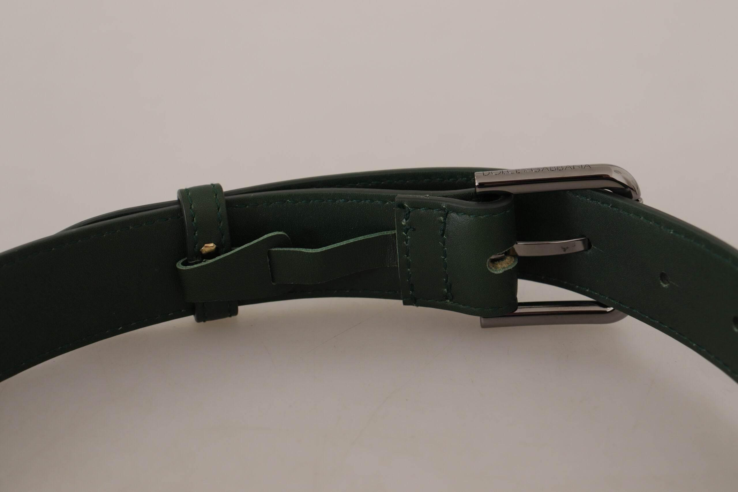 Dolce & Gabbana Elegant Dark Green Leather Belt with Logo Buckle - Hilstor