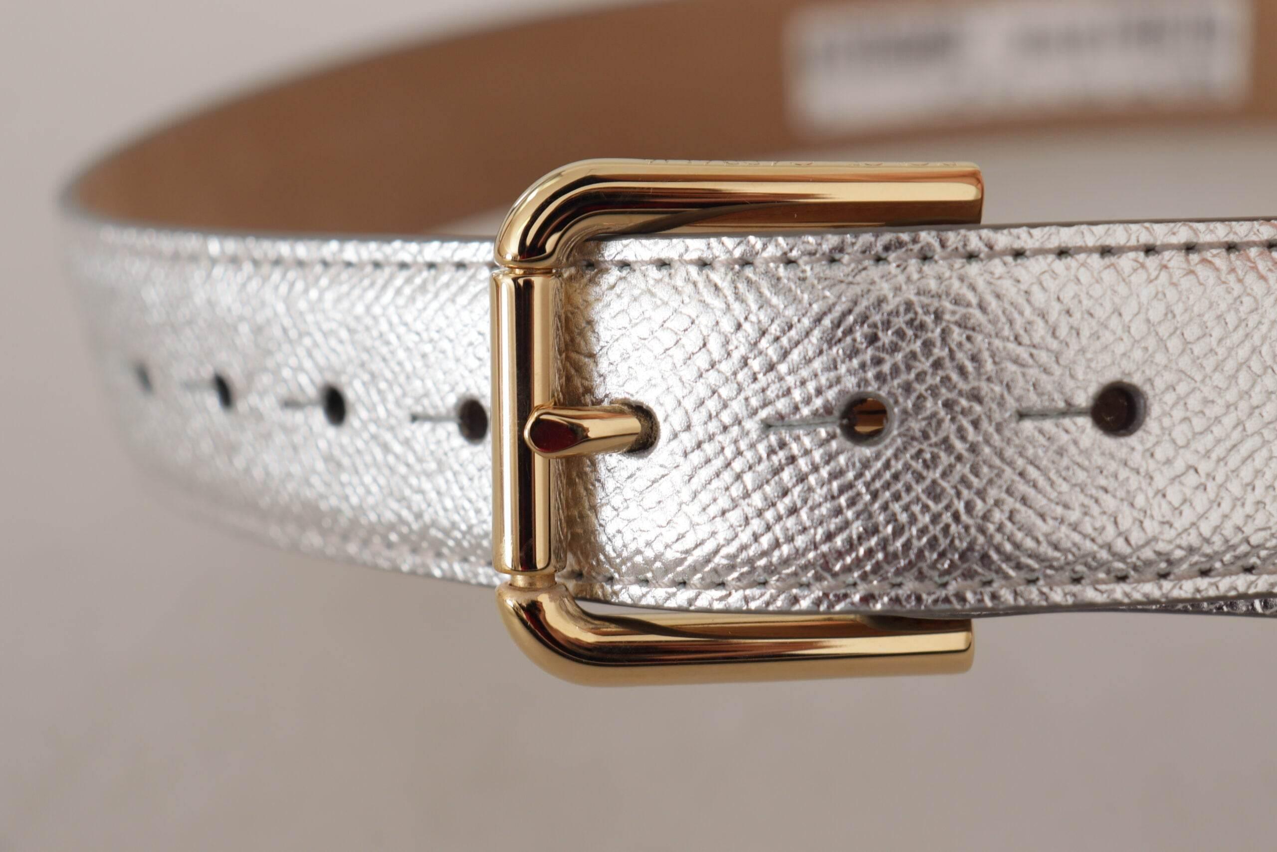 Dolce & Gabbana Elegant Silver Leather Belt with Engraved Buckle - Hilstor