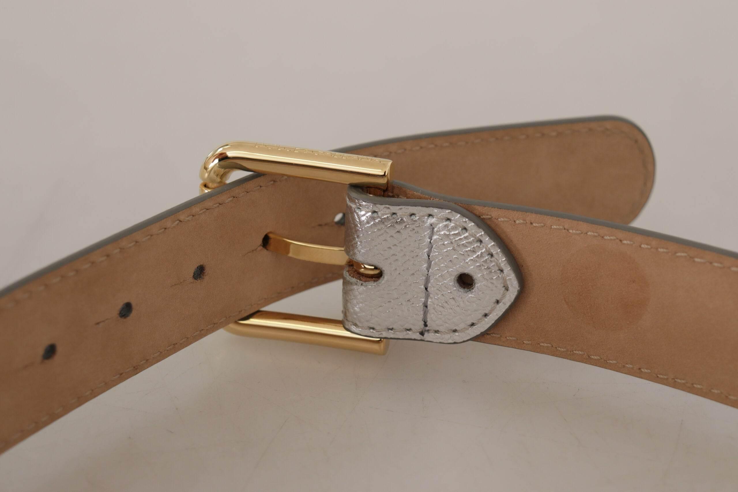 Dolce & Gabbana Elegant Silver Leather Belt with Engraved Buckle - Hilstor