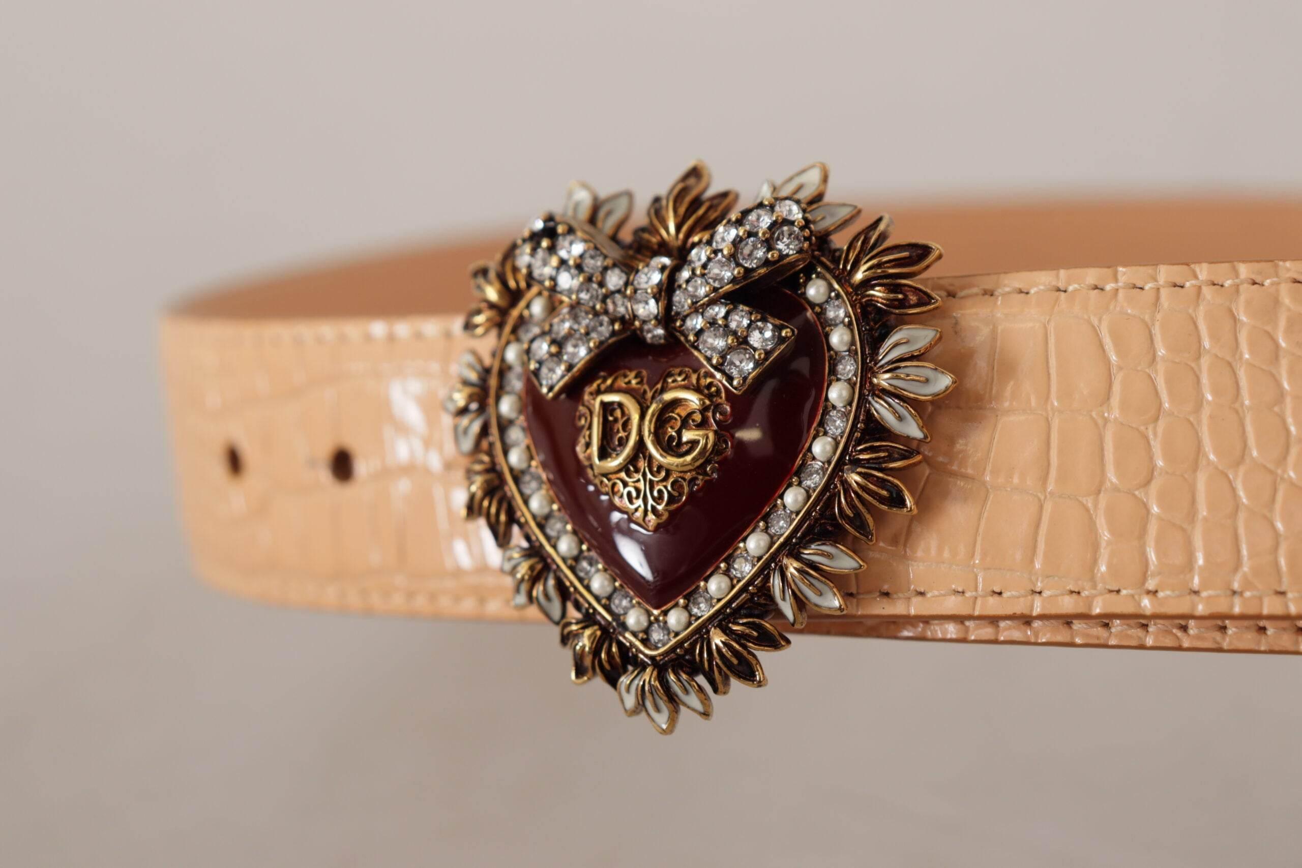Dolce & Gabbana Beige Croc Pattern DEVOTION Heart DG Waist Buckle Belt - Hilstor