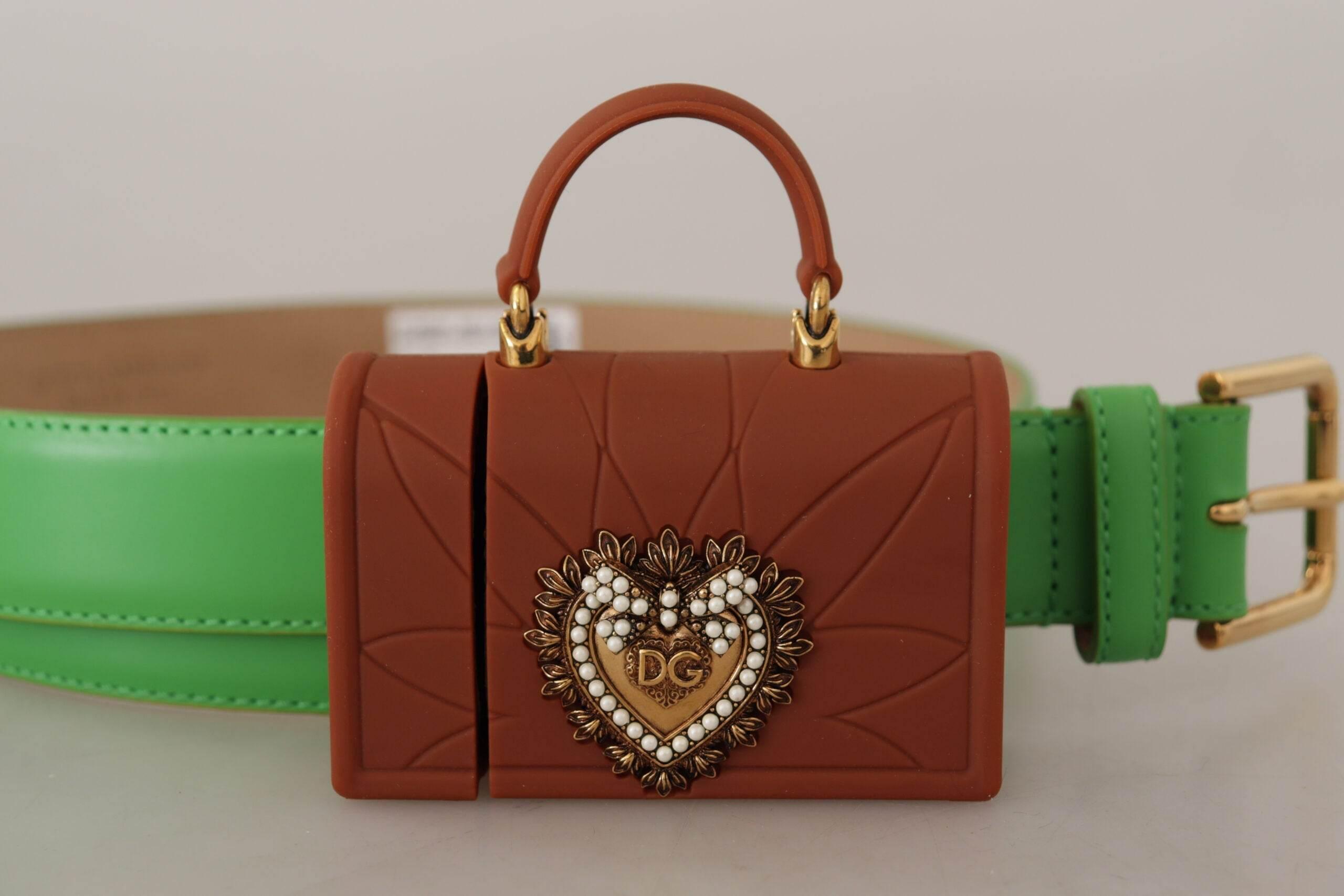 Dolce & Gabbana Chic Emerald Leather Belt with Engraved Buckle - Hilstor