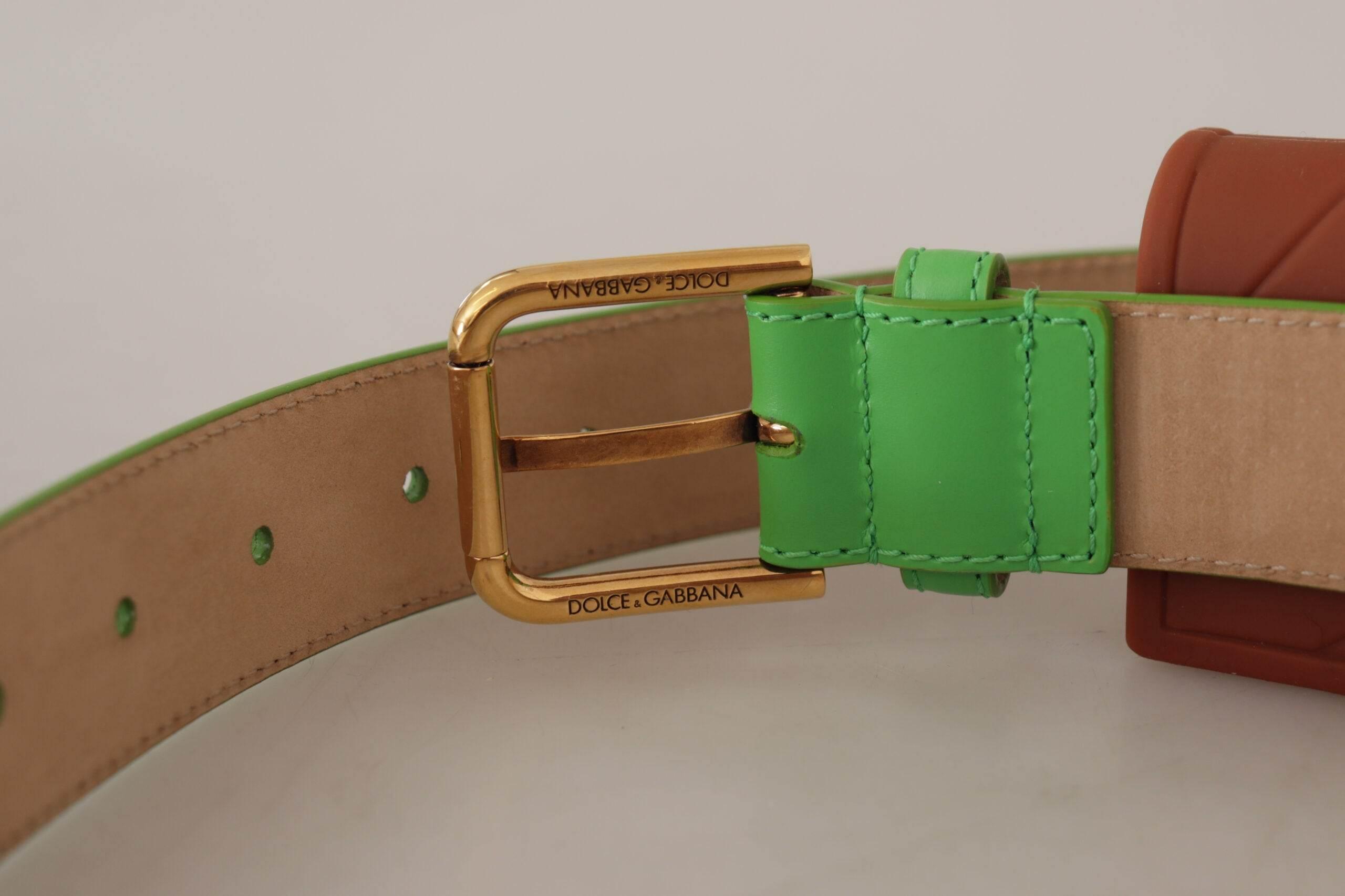 Dolce & Gabbana Chic Emerald Leather Belt with Engraved Buckle - Hilstor