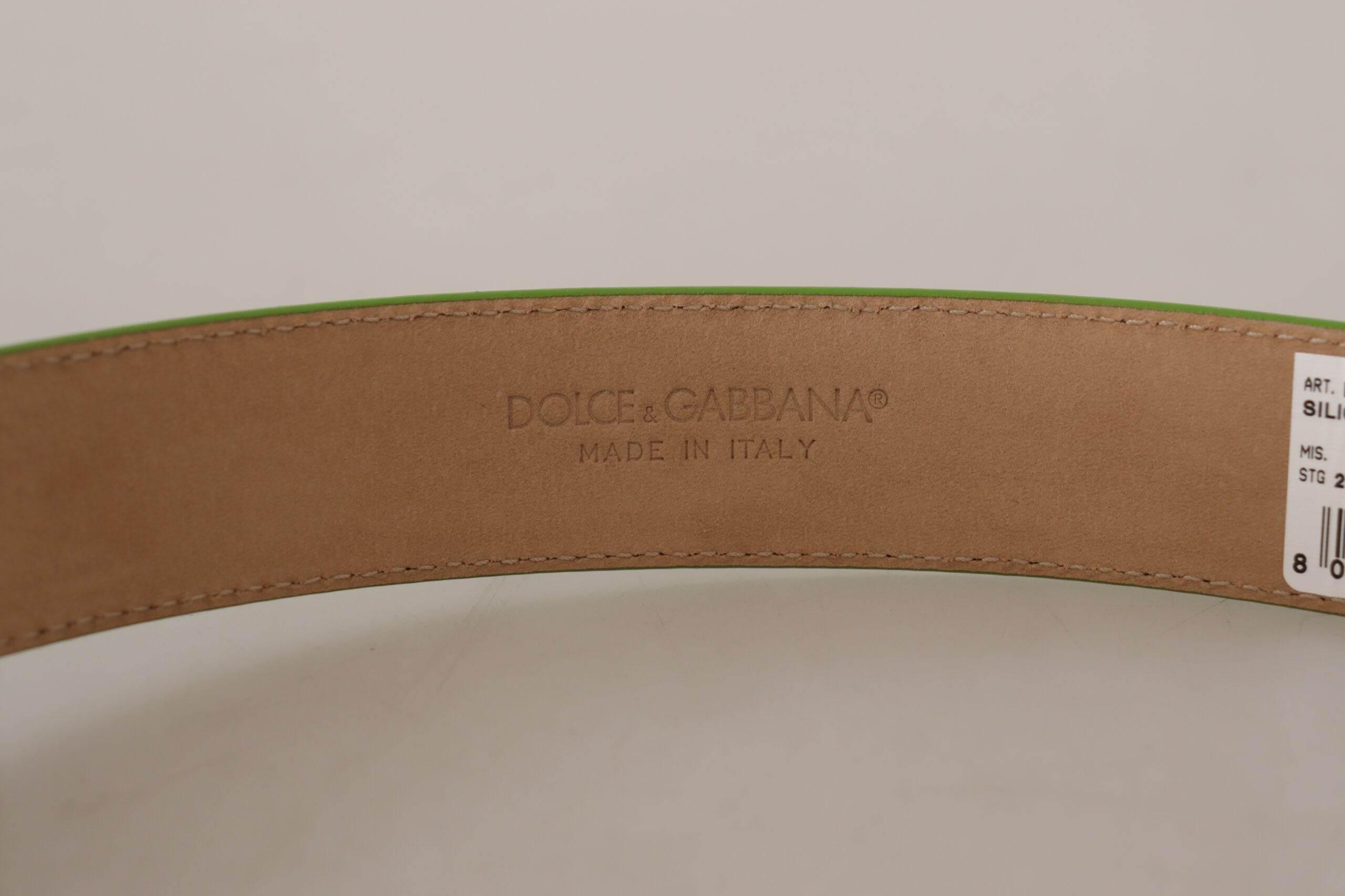 Dolce & Gabbana Chic Emerald Leather Belt with Engraved Buckle - Hilstor