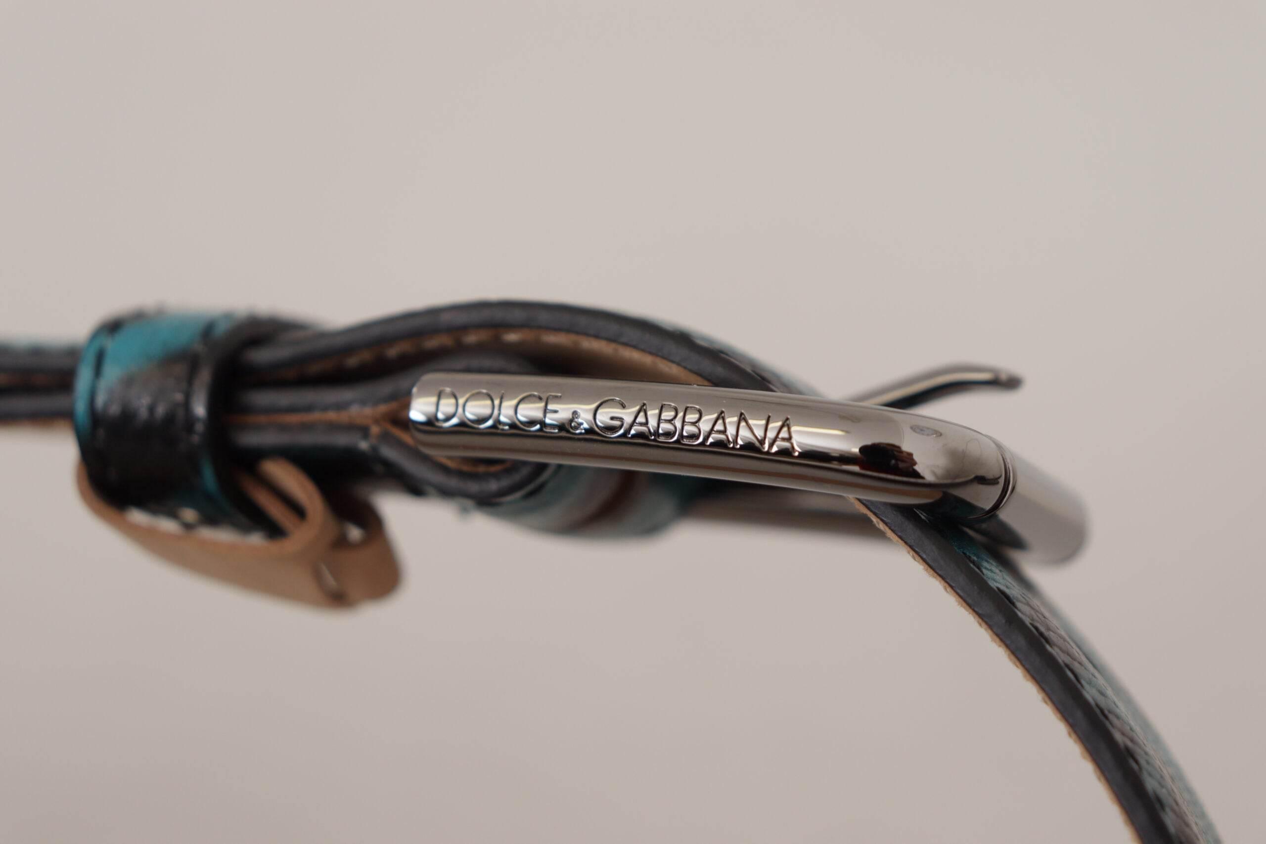 Dolce & Gabbana Engraved Logo Leather Belt in Blue Green - Hilstor
