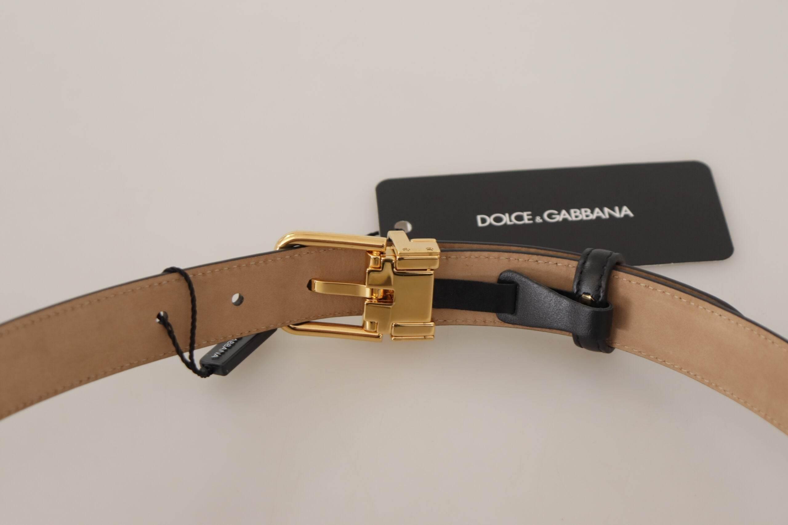 Dolce & Gabbana Elegant Black Leather Belt with Engraved Buckle - Hilstor