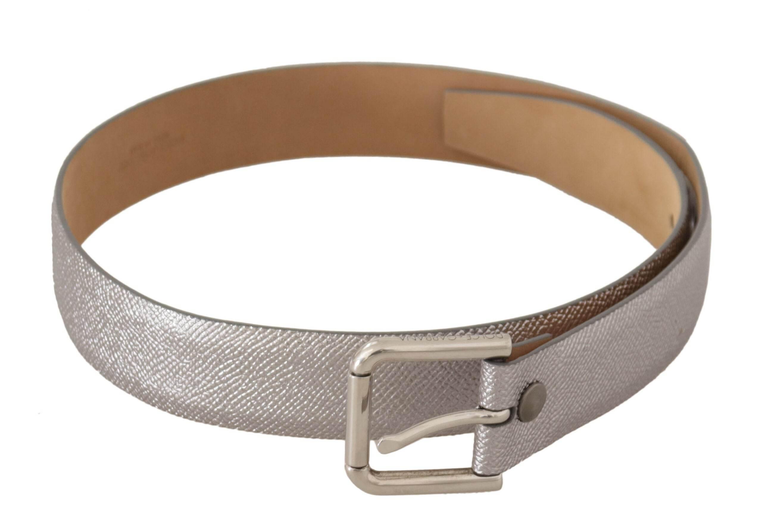 Dolce & Gabbana Elegant Silver Leather Belt with Engraved Buckle - Hilstor