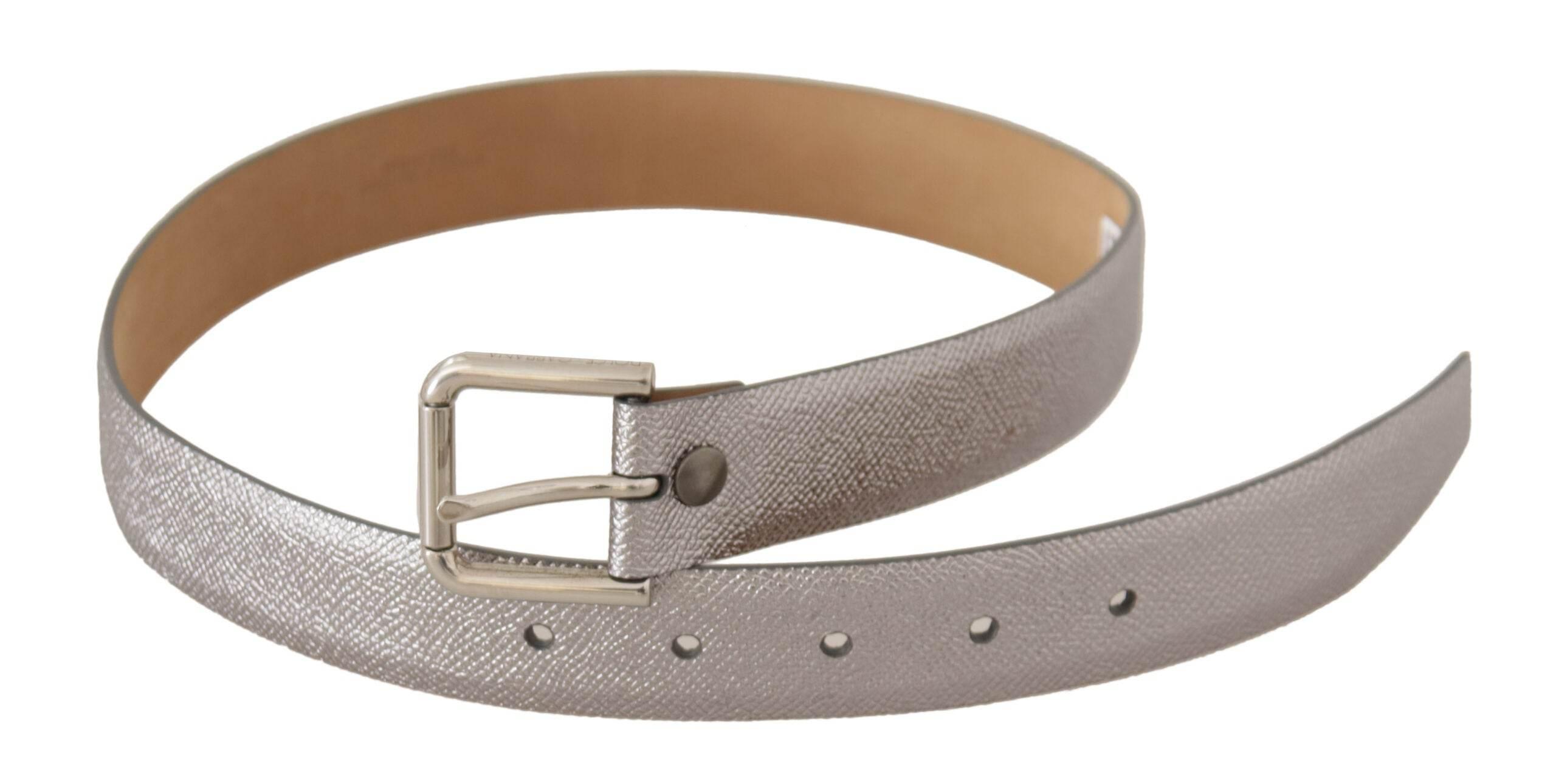 Dolce & Gabbana Elegant Silver Leather Belt with Engraved Buckle - Hilstor