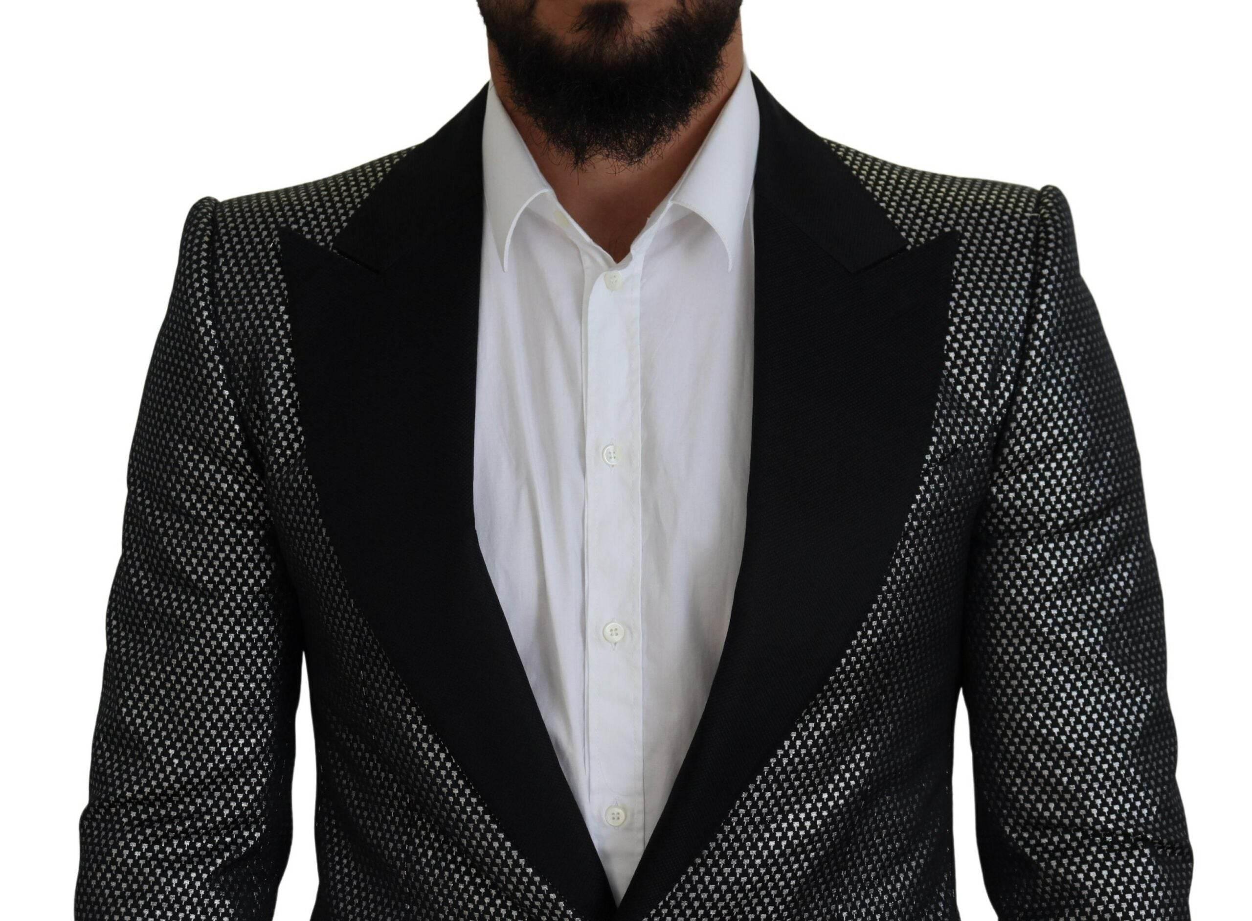 Dolce & Gabbana Black Silver Jacquard Slim Fit Jacket Blazer - Hilstor