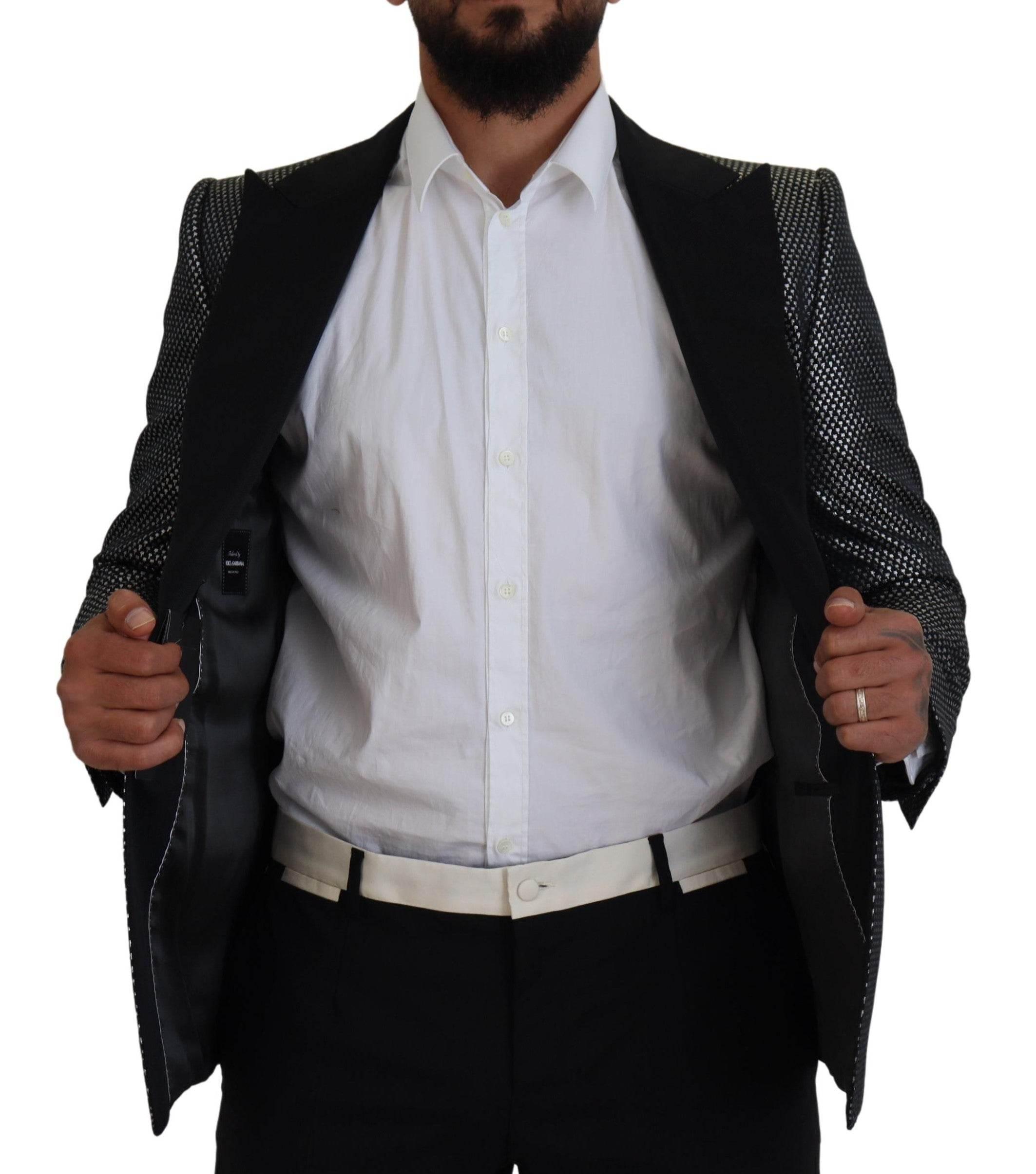 Dolce & Gabbana Black Silver Jacquard Slim Fit Jacket Blazer - Hilstor