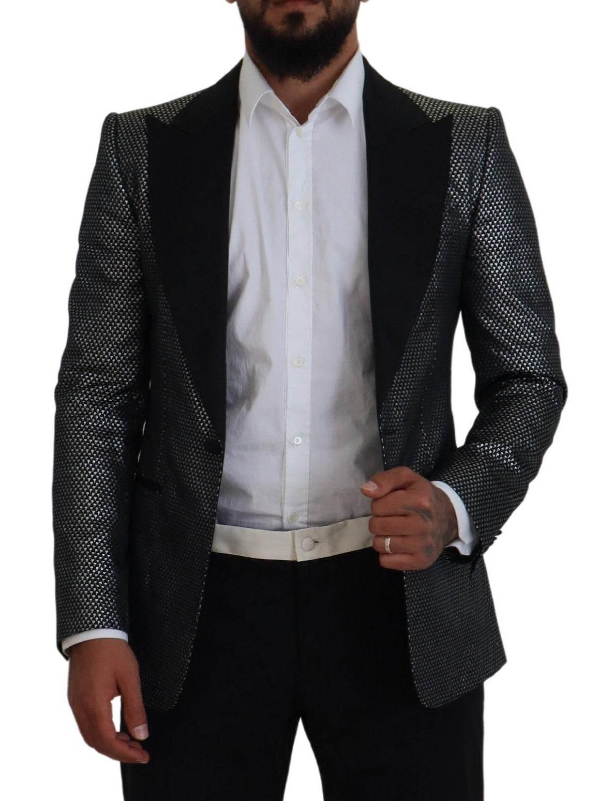 Dolce & Gabbana Black Silver Jacquard Slim Fit Jacket Blazer - Hilstor