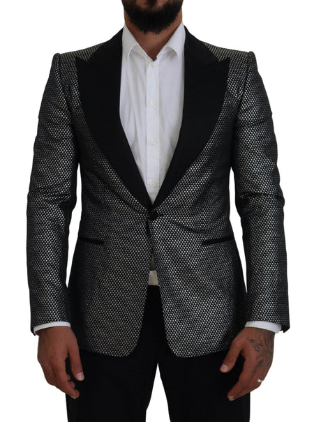Dolce & Gabbana Black Silver Jacquard Slim Fit Jacket Blazer - Hilstor
