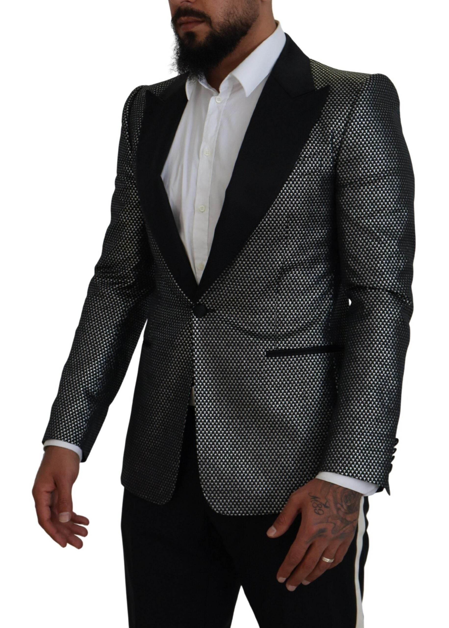 Dolce & Gabbana Black Silver Jacquard Slim Fit Jacket Blazer - Hilstor
