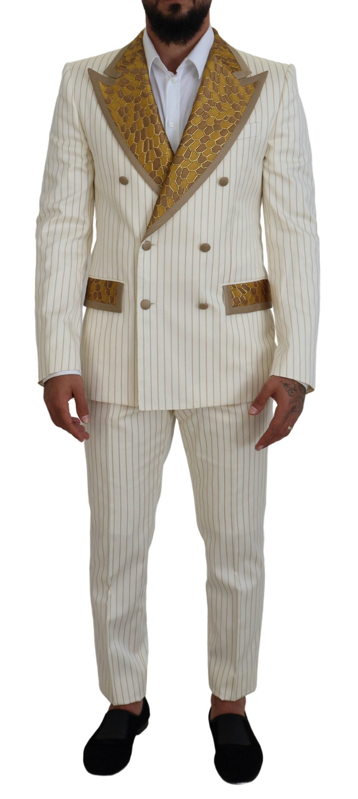 Dolce &amp; Gabbana Off White Guldstribet Smoking Slim Fit Jakkesæt
