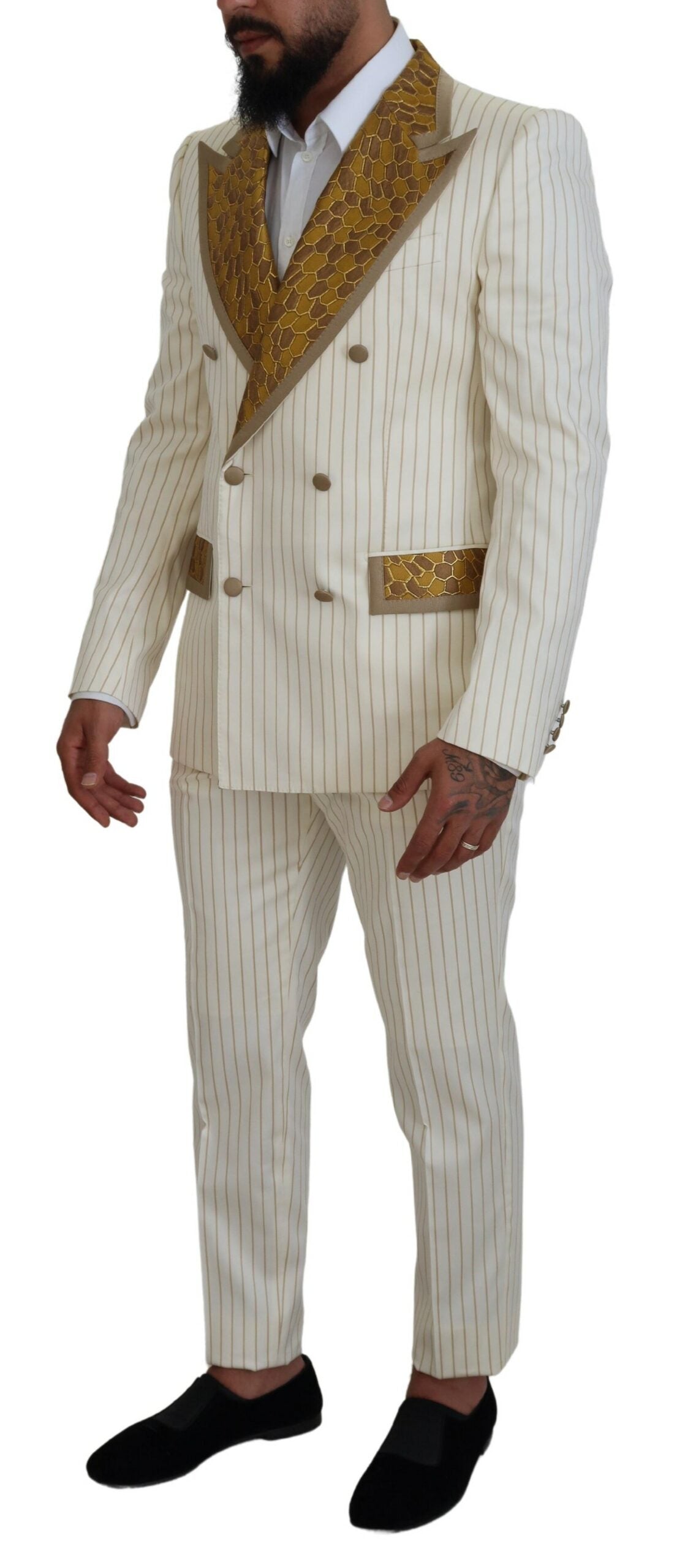 Dolce &amp; Gabbana Off White Guldstribet Smoking Slim Fit Jakkesæt