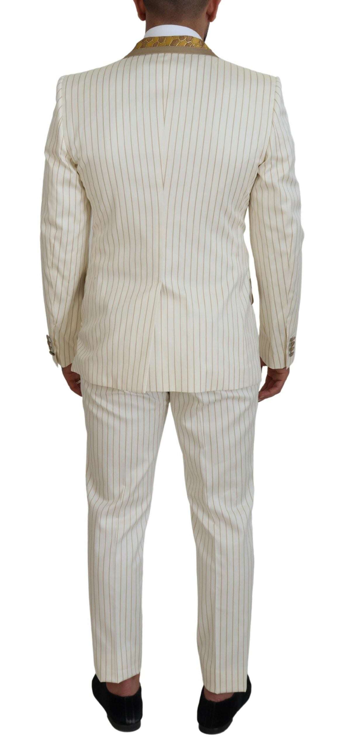 Dolce &amp; Gabbana Off White Guldstribet Smoking Slim Fit Jakkesæt