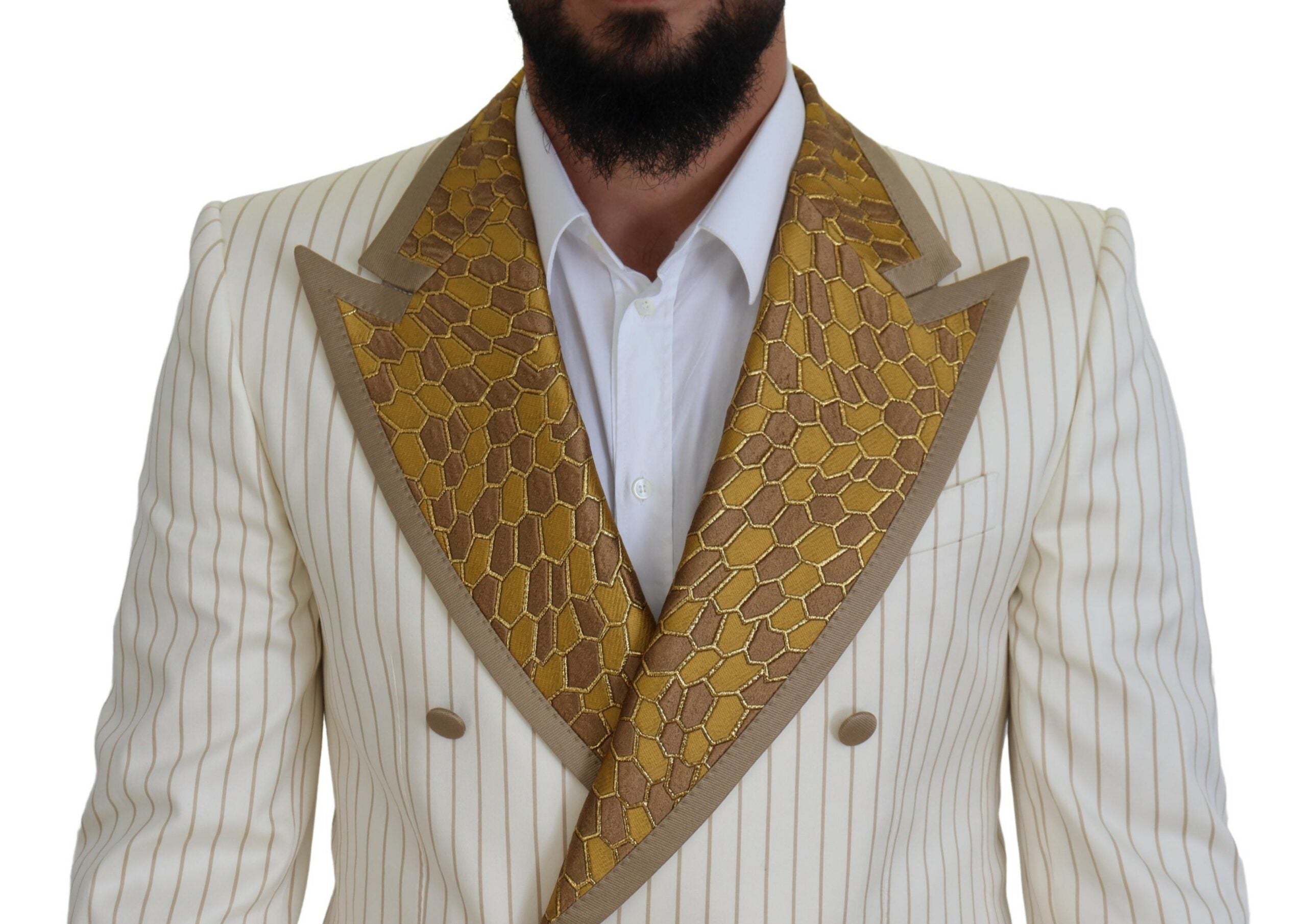 Dolce &amp; Gabbana Off White Guldstribet Smoking Slim Fit Jakkesæt