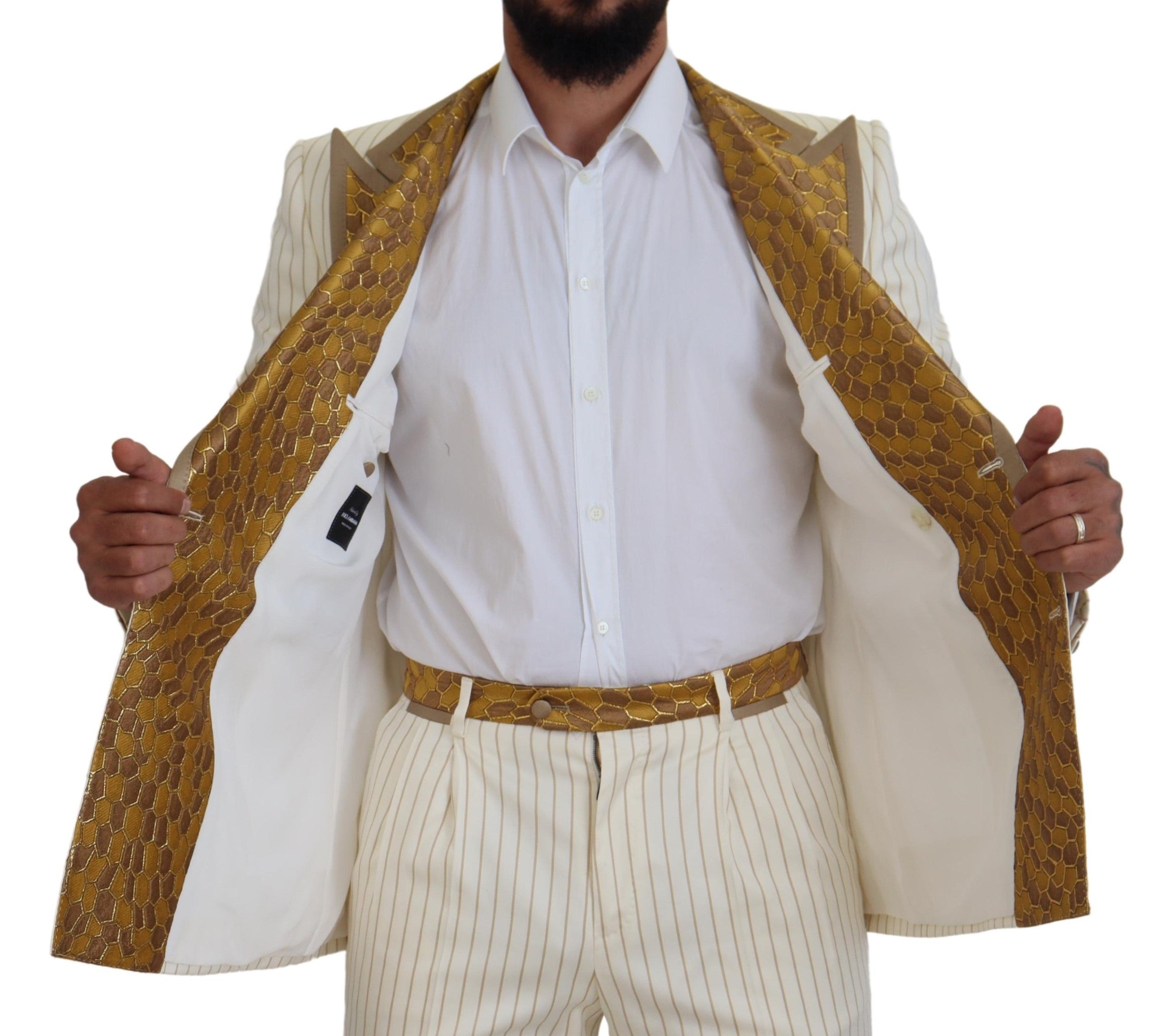 Dolce &amp; Gabbana Off White Guldstribet Smoking Slim Fit Jakkesæt