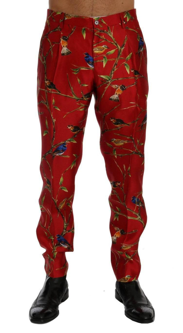 Dolce & Gabbana Elegant Silk Dress Trousers in Red Bird Print - Hilstor
