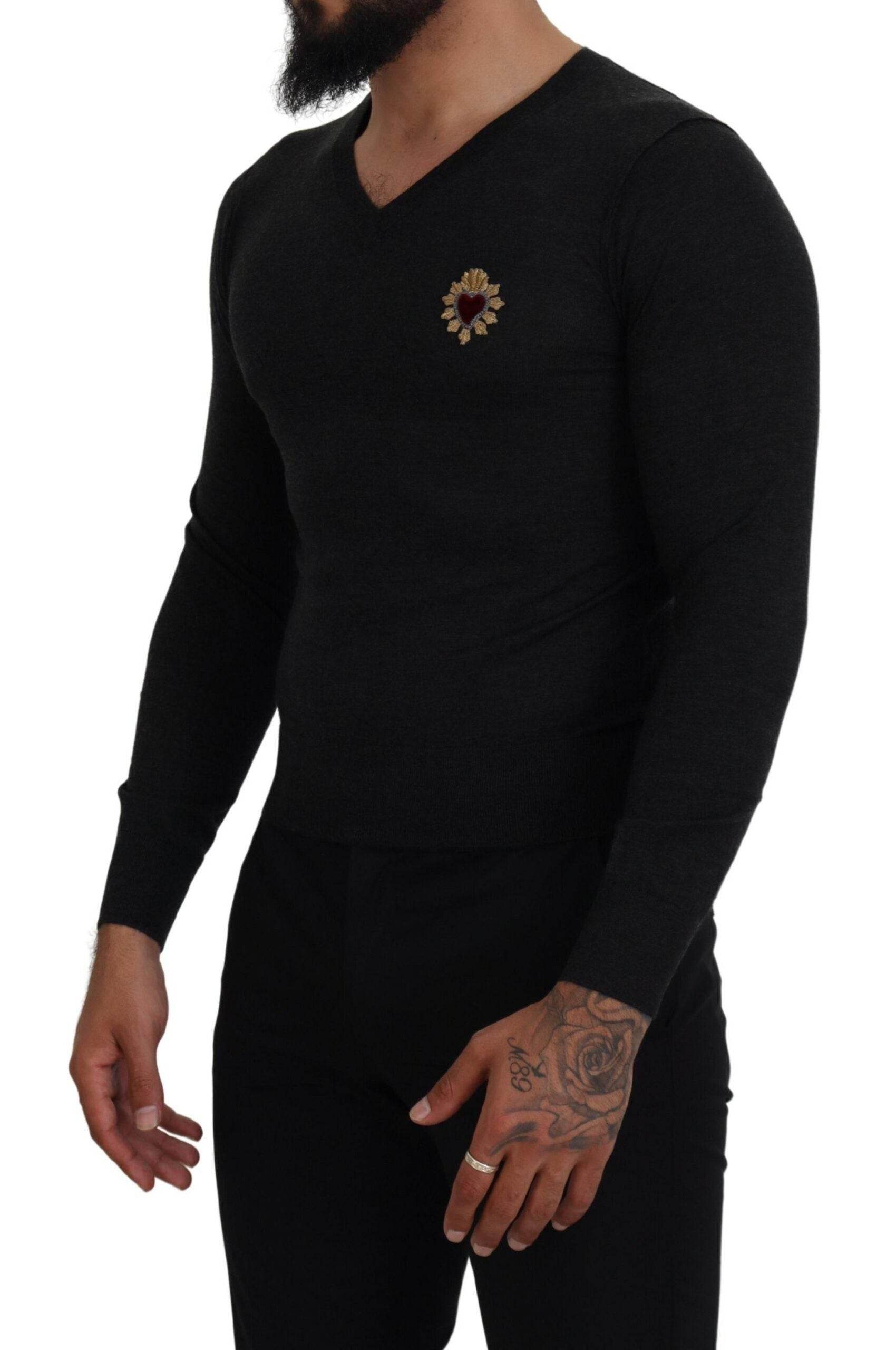 Dolce & Gabbana Gray Cashmere V-neck Gold Heart Sweater - Hilstor